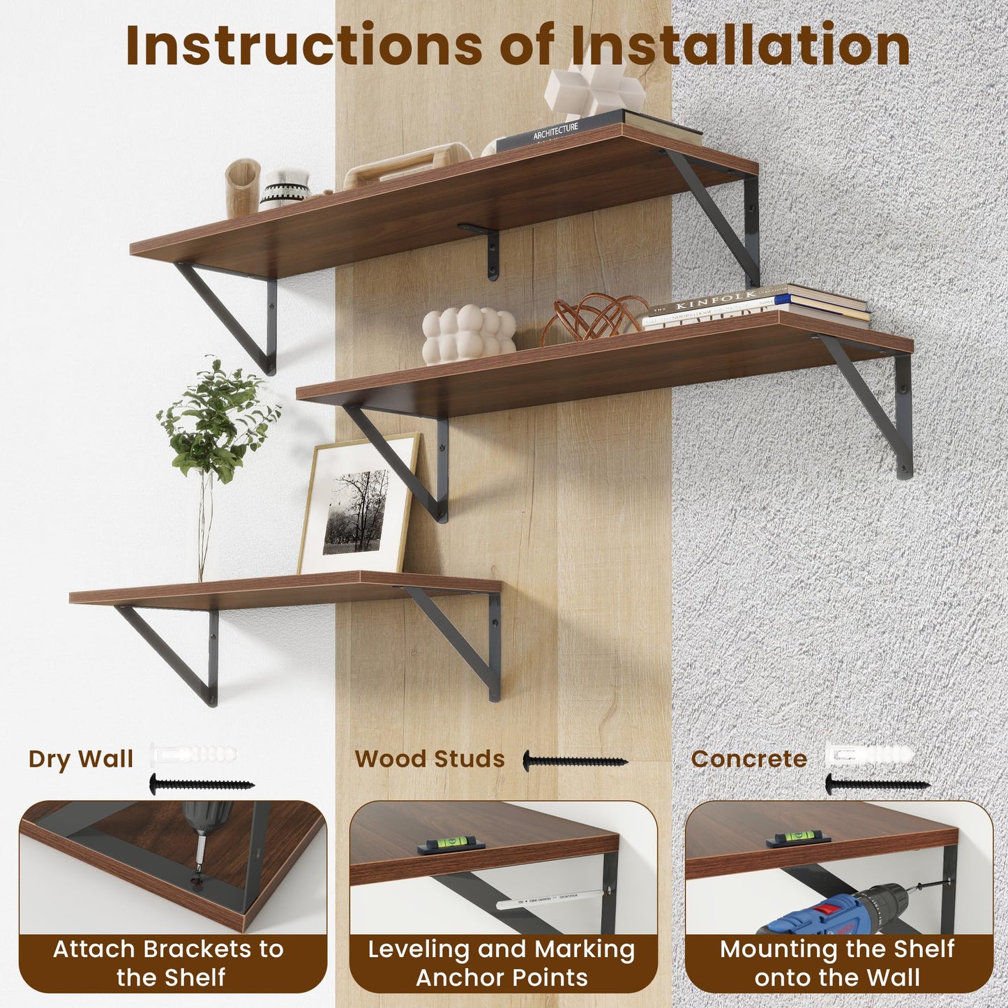 Acovy Floating Shelves with Black Metal Brackets Set of 2,30" Wx8 D Wall Mounted Shelves Floating Bookshelf,Hanging Storage Shelf for Living Room,Bedroom,Bathroom,Office,Walnut