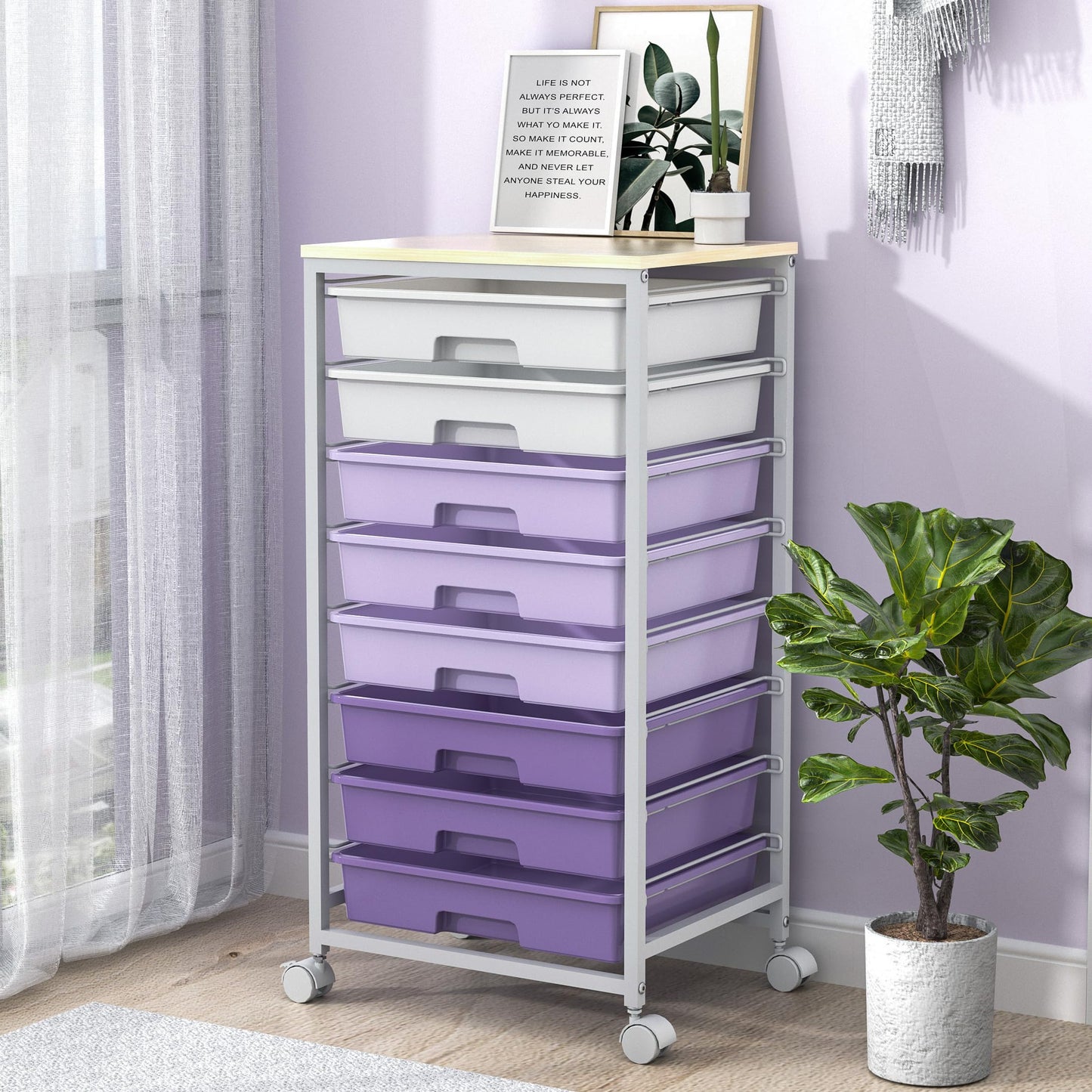 SYKIARIOL Rolling Cart with Drawers,Utility Cart With 8 Drawers and Wooden Tabletop for Living Room,Classroom,Bedroom,Bathroom,Dorm,Office,Purple