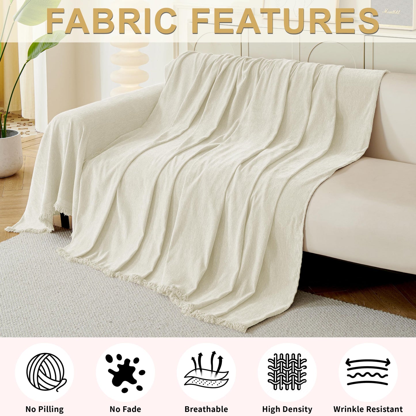 KaviKon Sectional Couch Covers 2-Piece for L Shape Sofa, Chenille Washable Sofa Cover for 2-3 Cushion Couch, Non-Slip Furniture Protector for Dogs,Pets, Soft Couch Blanket Slipcovers Sets (L-Cream)