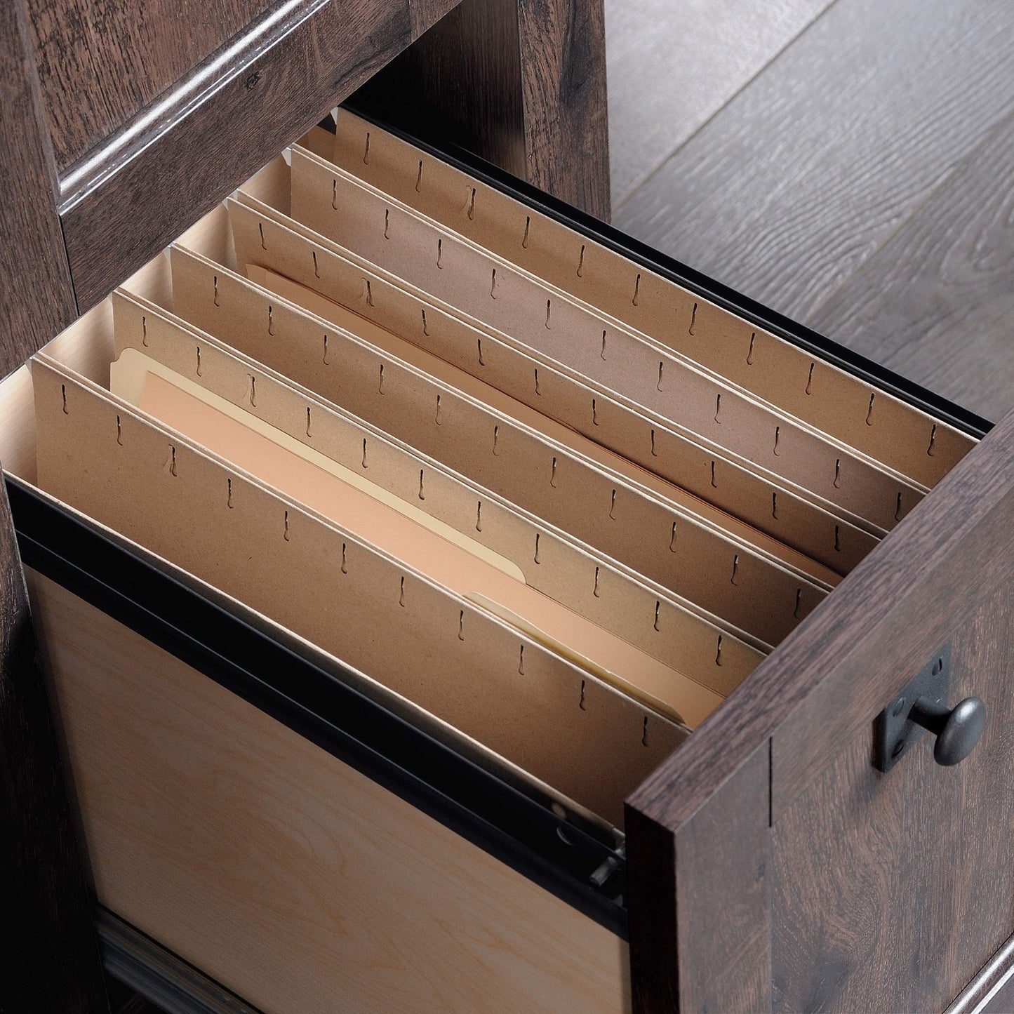 Sauder Carson Forge Rustic Vintage Computer Desk with Drawers Storage, in Coffee Oak finish