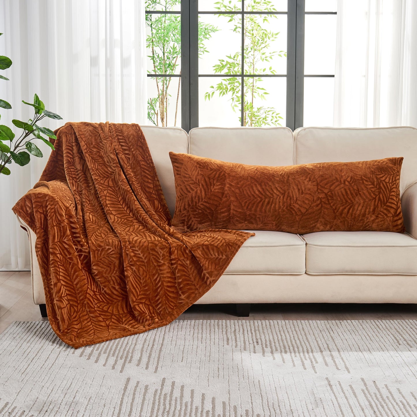 SOCHOW Leaves Textured Fleece Throw Blanket & Throw Pillow Covers & Body Pillow Cover, Caramel