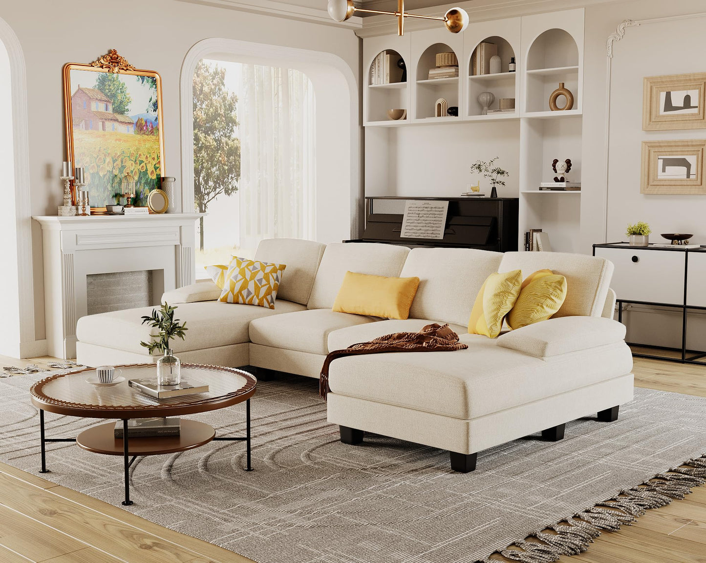 Furmax Sectional Couches for Living Room, U-Shaped Sofa Couch with Linen Fabric, 4 Seat Sofa Set with Double Chaise for Apartment (Chenille, White)