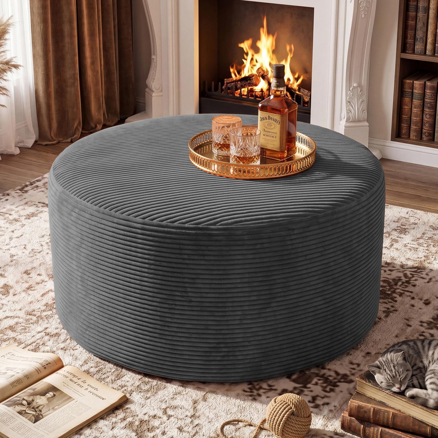 BSHOMGI Round Boneless Ottoman Oversized Ottomans for Living Room, Cloud Rectangle Pouf Coffee Table, Poofy Corduroy Foot Stoolsfor Living Room, Bedroom or Office