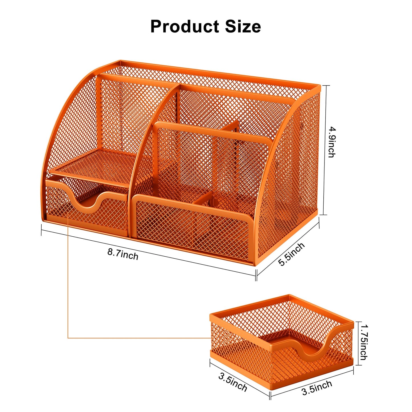 EasyPAG Mesh Desk Organizer with Drawer Multi-functional Pen Holder Stationery Organizer for Office School Supplies 6 Compartments Dorm Organizers and Storage for Desk, Orange
