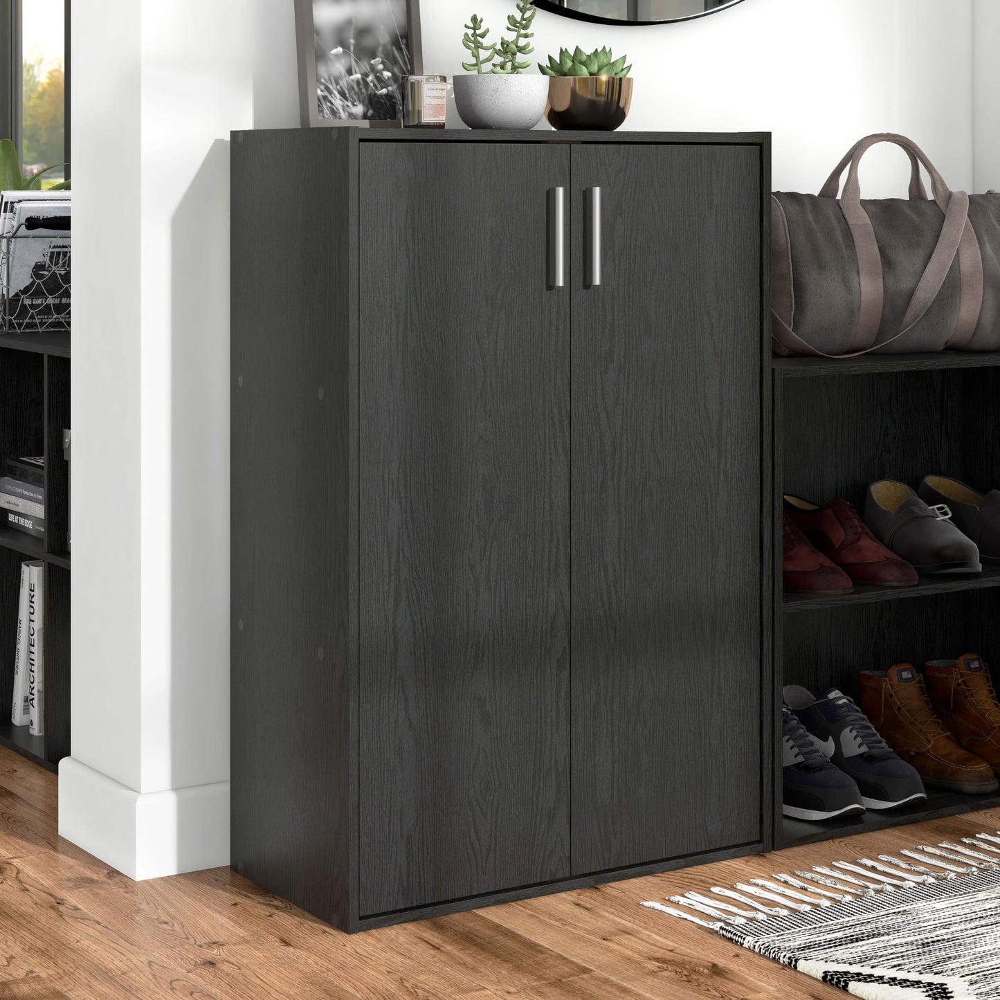 Homes: Inside + Out Apexa 3-Tier Stackable Wood Bookcase with Doors, Cube Storage Organizer Shelves, Small Food Pantry Cabinet, Dorm Teen Room Decor & Bedroom, Home Office, Kitchen, Black