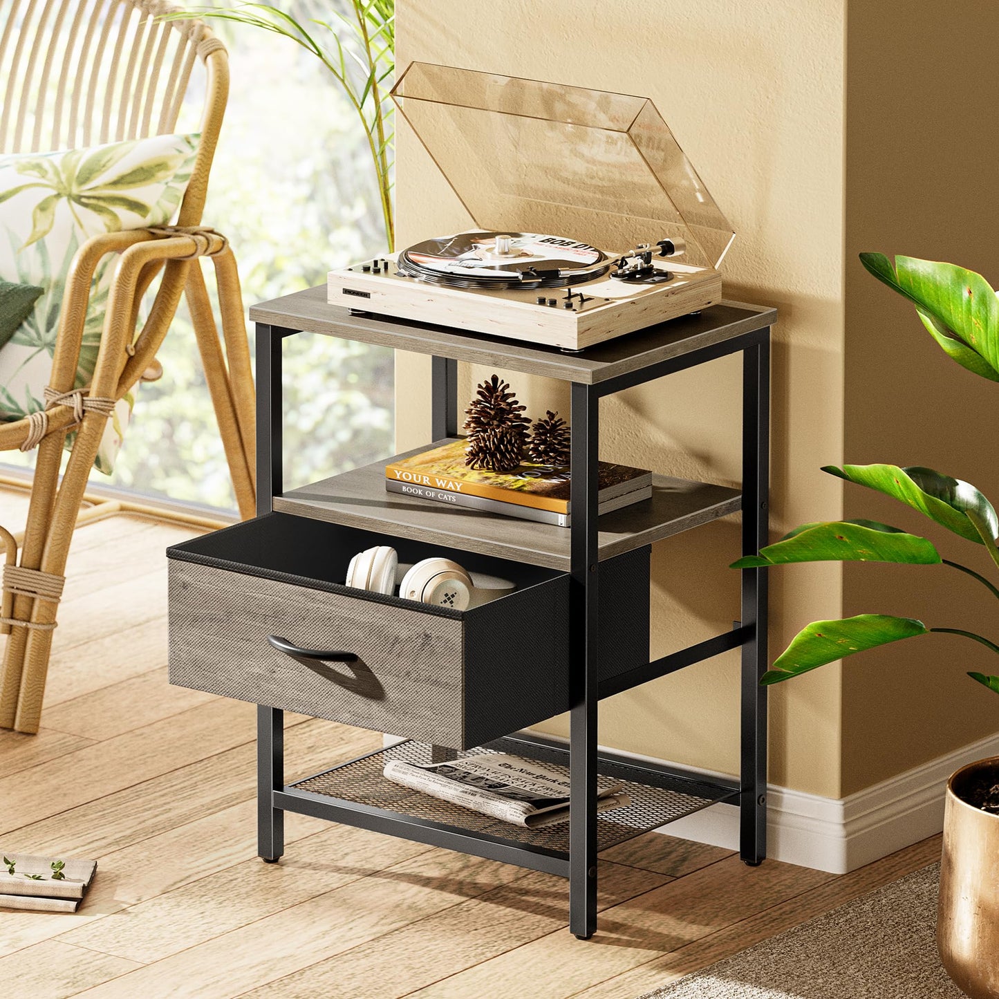 Huuger Nightstand Set of 2, Night Stand with Fabric Drawer, Mesh Shelf, Side Table with Storage, Fabric Drawer Dresser, Open Shelf, Metal Frame, Bedroom, Oak
