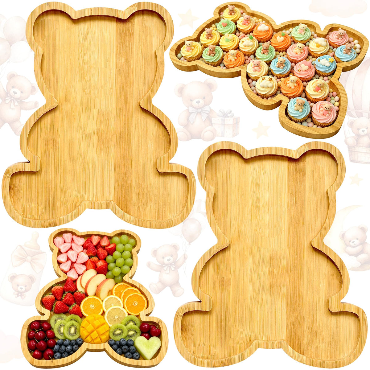 2pc Charcuterie Boards Platters Bear Baby Shower Food Trays Wooden Bear Party Decorations Gender Reveal Food Display Snack Tray Kids Birthday Party Plates Fillable Serving Board for Fruit Cheese