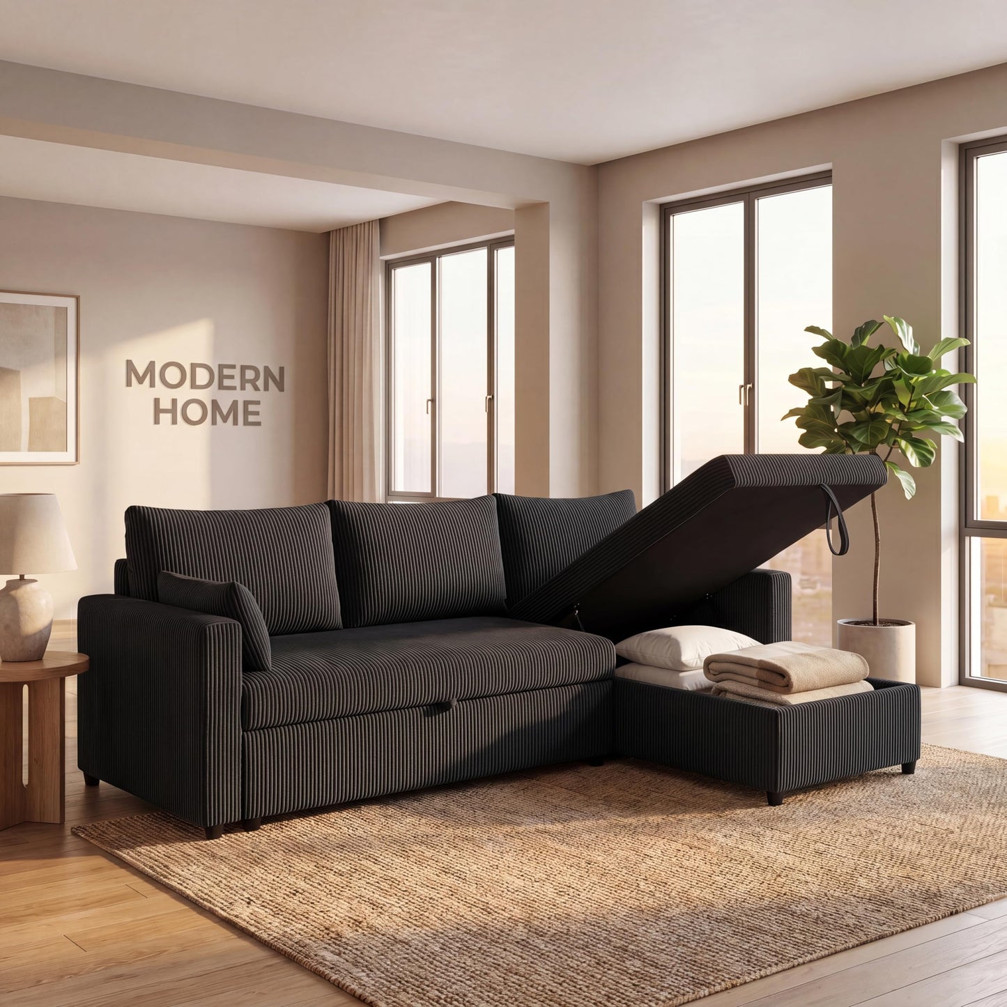 Trygoal Queen Sleeper Sofa, Convertible Sofa Bed with Storage, 85 Inch Sectional Couch with Pull Out Bed, L Shaped 3 Seat Sectional Sleeper Sofa for Living Room, Apartment, Black