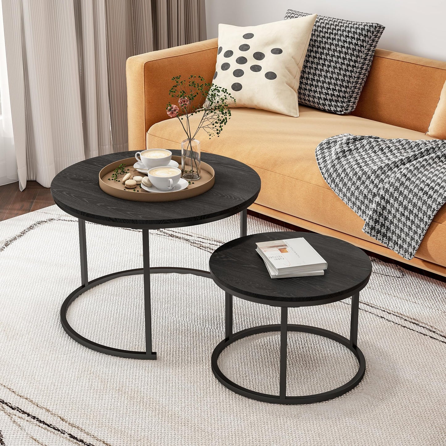 HOJINLINERO Round Coffee Table,Nesting Coffee Table Set of 2,Center Tables for Living Room,Office, Home Small Space,Stacking Side Tables,Sturdy and Easy Assembly,Wood Desktop,Black,Large