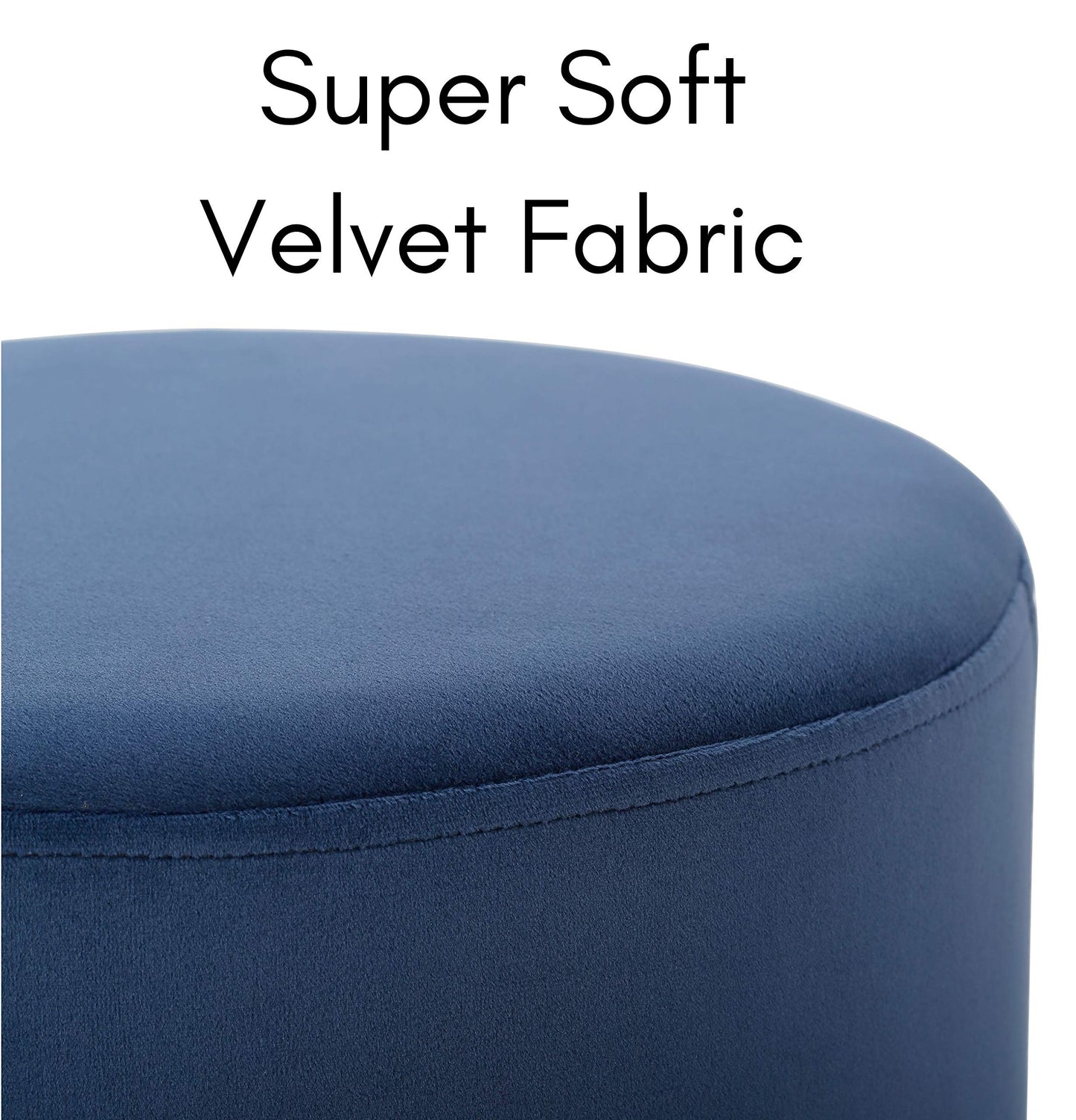 BIRDROCK HOME Round Ottoman Foot Stool – Modern Soft Padded Velvet Vanity Chair with Silver Metal Trim – Accent Chair or Foot Rest for Living Room, Bedroom, or Dressing Room (Blue)