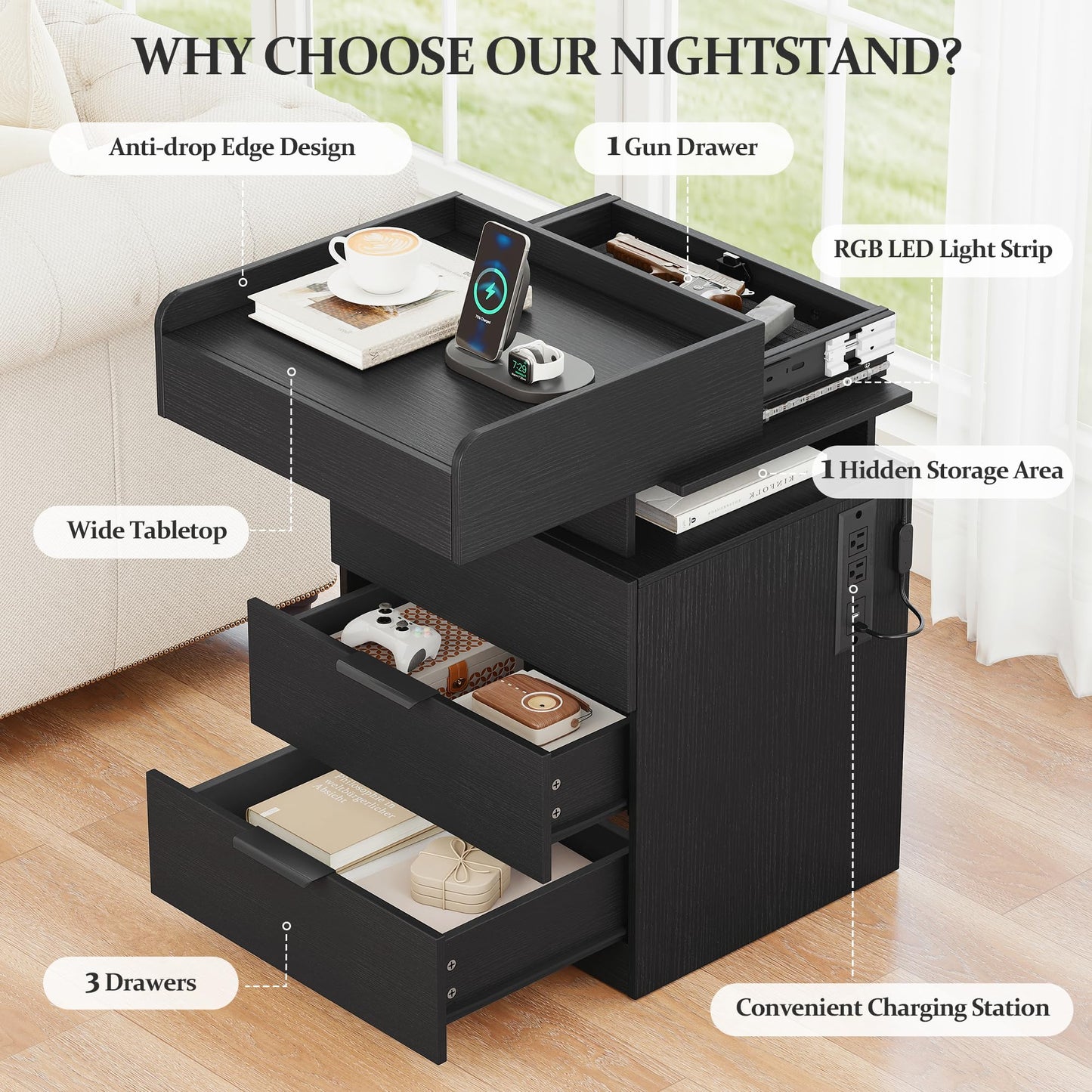 Turosur Night Stand with Gun Drawer, LED Nightstand with Charging Station, Wood Bedside Table with Hidden Storage and 3 Drawers for Bedroom, Modern Black