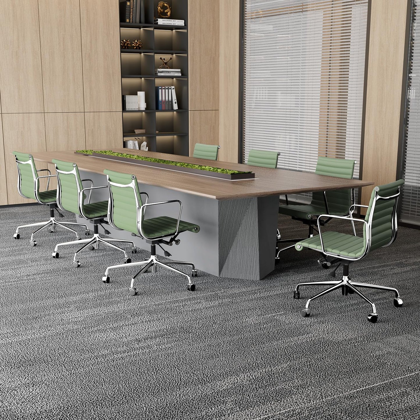 OTDMEL Ribbed Office Chair with Top Grain Leather - Mid Back Ergonomic Desk Chair with Aluminum Arms & Frame, Swivel Wheels & Tilt Function, Adjustable Height Light Green