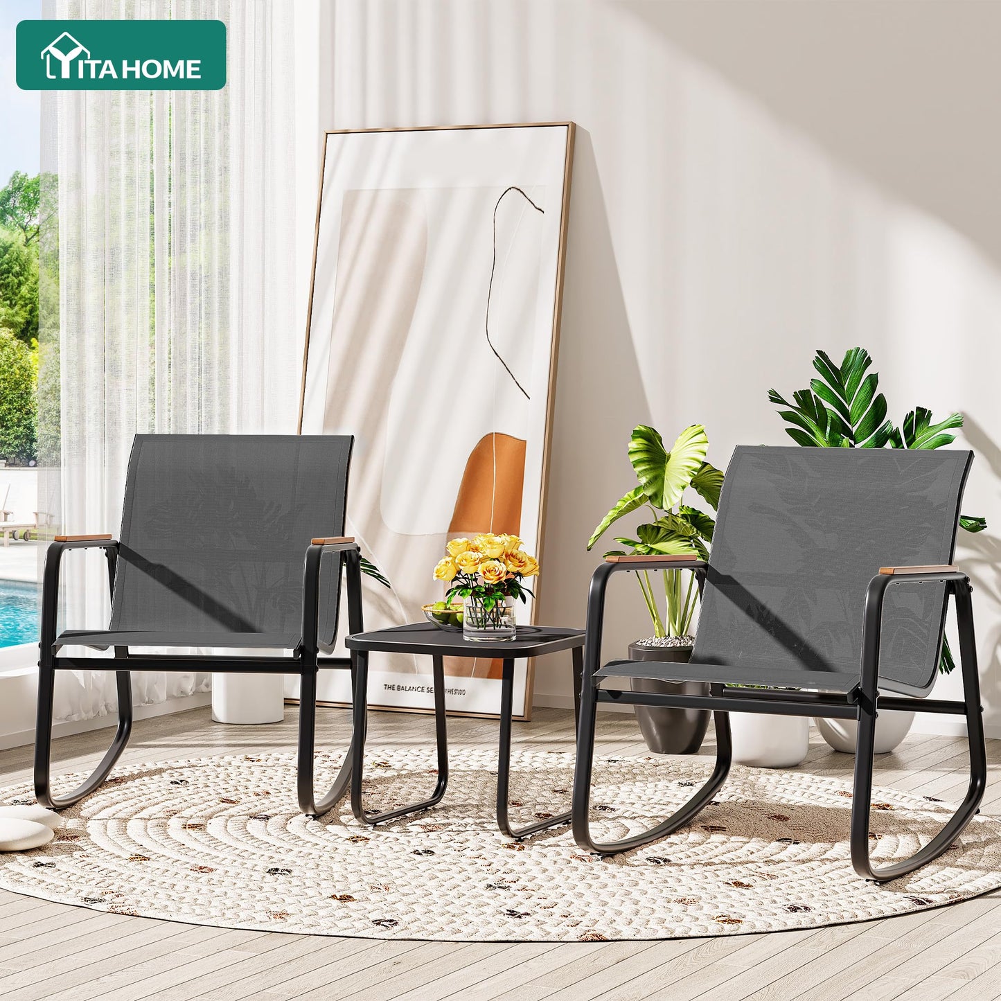 YITAHOME Rocking Patio Furniture Set 3 Piece, Durable Textilene Patio Set w/Wooden Armrest Rocking Chairs & Tempered Glass Table, All Weather for Indoor Outdoor Patio Lawn Garden Poolside, Dark Gray