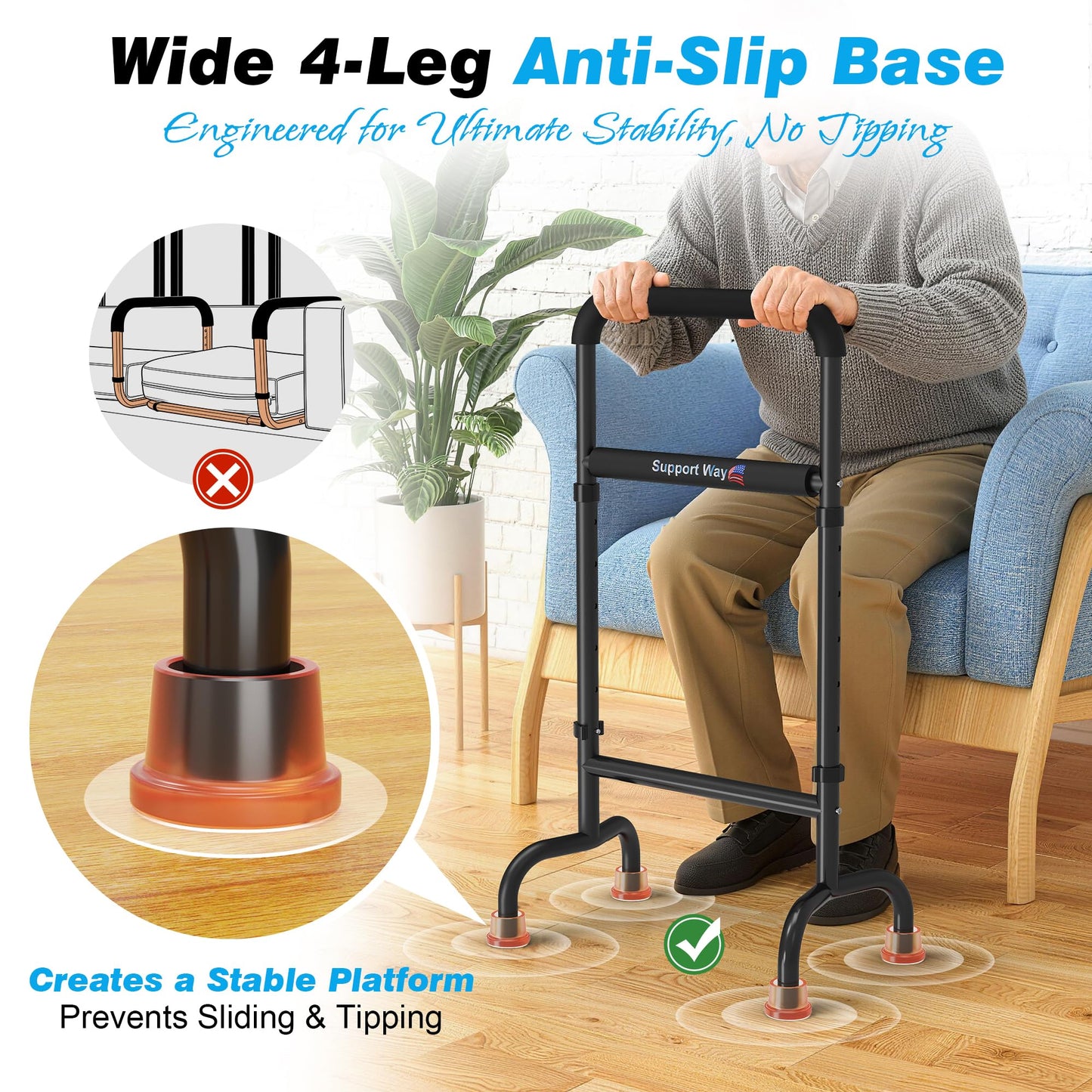 2-in-1 Stand Assist Aid Combo – Adjustable Standing Support for Seniors (20-26.8" Cane & Heavy-Duty Couch Riser), Lift Assist Device for Getting Up from Floor, Kneeling, Low Seats, or Sofa, Supports 4