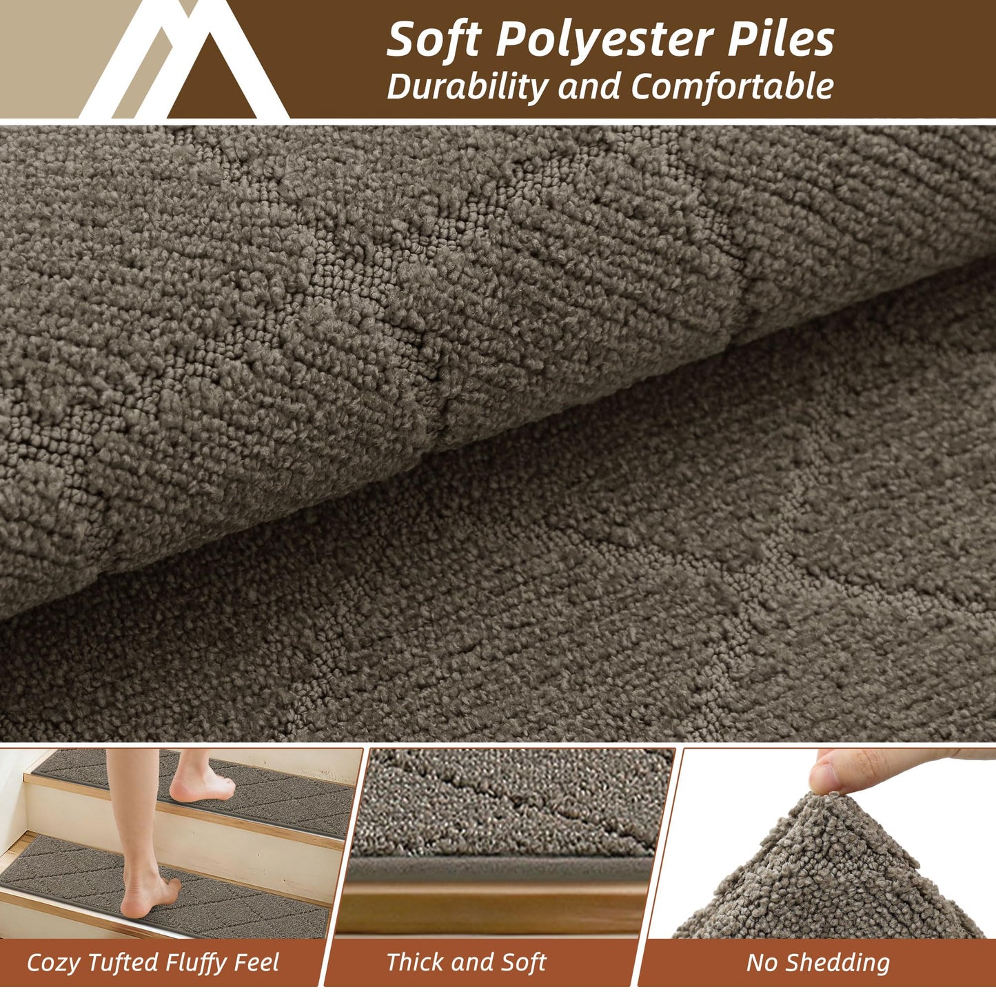 COSY HOMEER Stair Treads for Wooden Steps 9"x28" Washable Indoor Carpet Stair Treads Non Slip Soft Polyester Stair Carpet Tread Reusable Stair Runner Rugs for Kids, Elders,Pets,Light Brown,4pcs