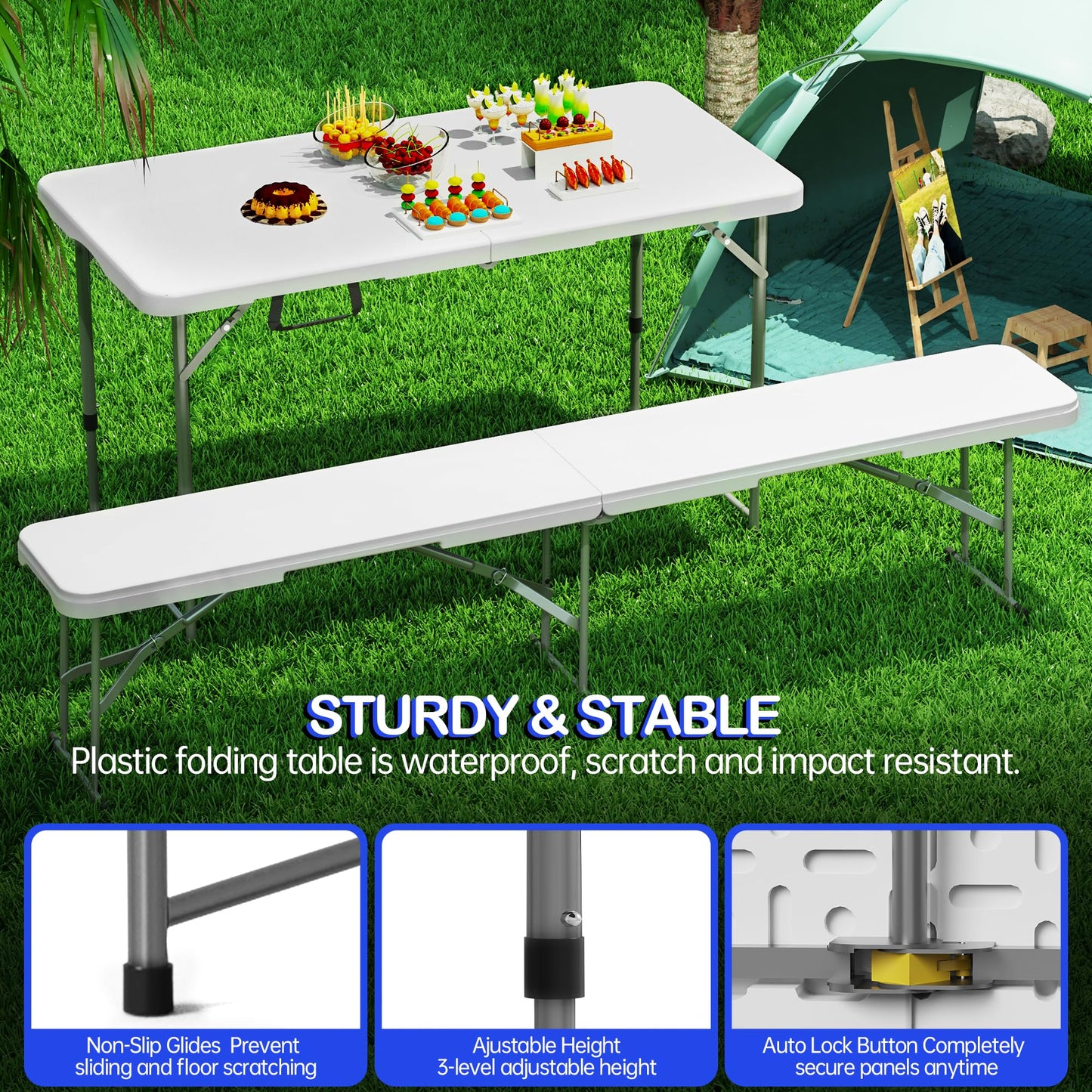 Folding Table 4 Foot for Indoor Outdoor, Portable Heavy Duty Fold-in-Half Utility Small Plastic Adjustable Height Folding with Carrying Handle for Picnic and Party, White (White, 4 FT - 2 PACK)
