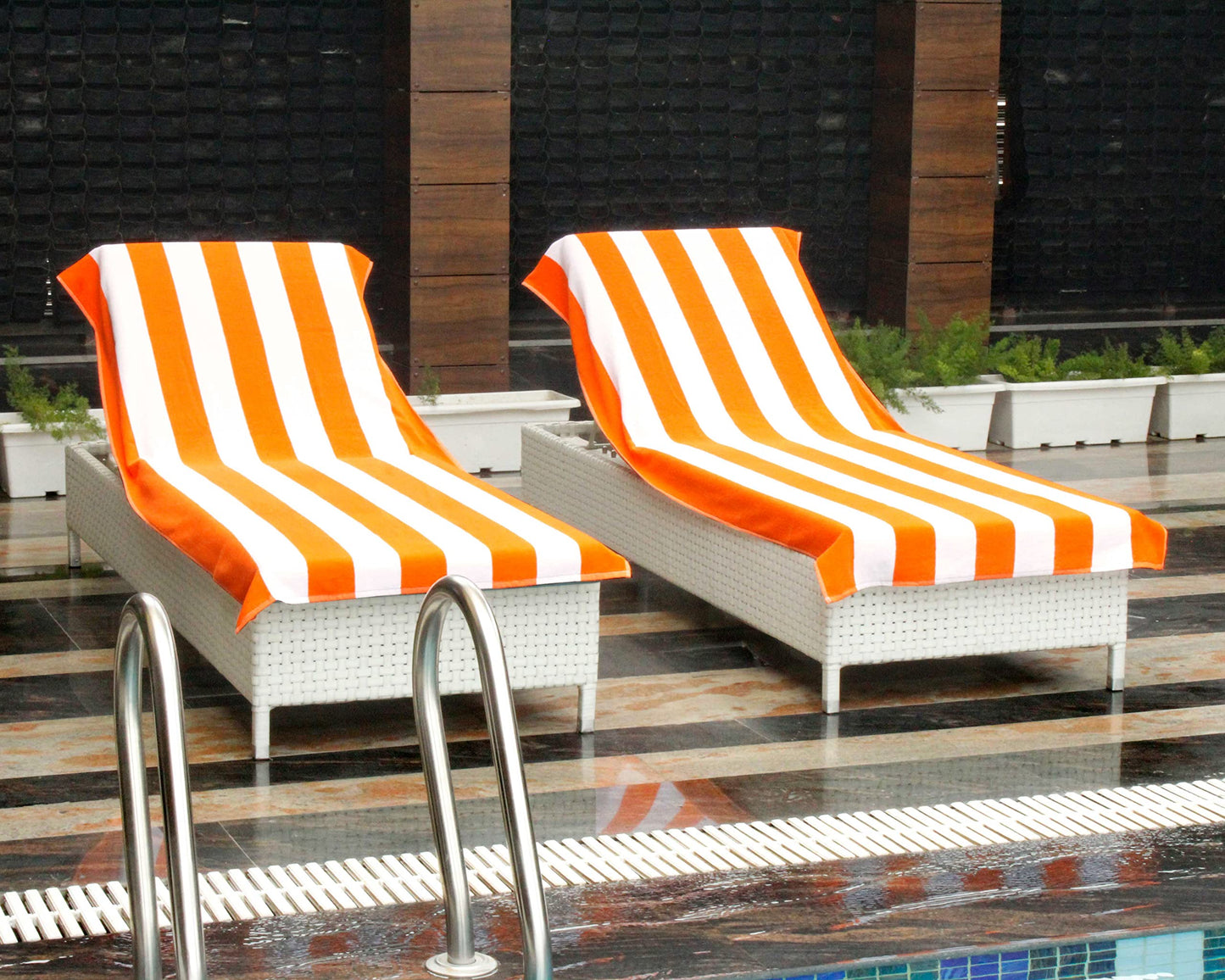 COTTON CRAFT Pool Lounge Chair Cover - 2 Pack - Chaise Beach Picnic Spa Towel - Cabana Stripe - Soft Premium Ringspun Terry Cotton - Oversized - 32 inch wide x 82 inch long with 7 inch Pocket – Orange