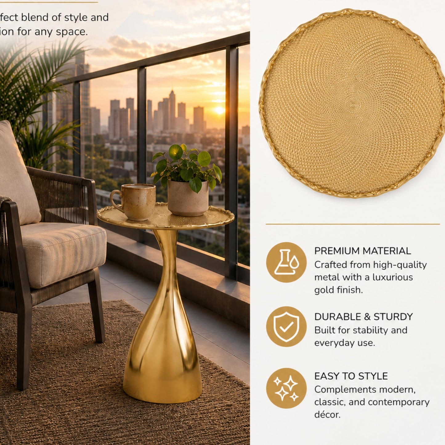 Alpha Living Home End Table for Living Room, 18" Round Metal Side Table with Pedestal Base for Small Spaces, Modern Gold Accent Coffee Table for Bedroom, Balcony & Indoor Use