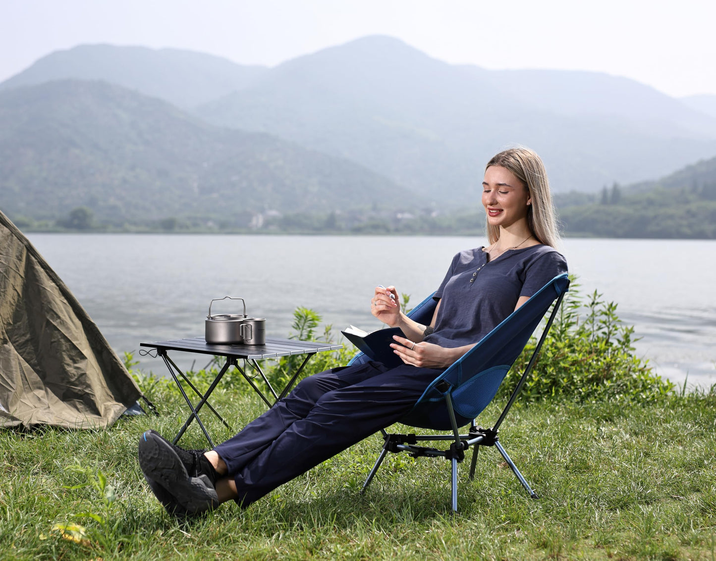 MARCHWAY Lightweight Folding Camping Chair with Spring Lock, Stable Compact Portable for Outdoor Camp, Travel, Beach, Picnic, Festival, Hiking, Backpacking (Lowback Dark Blue)