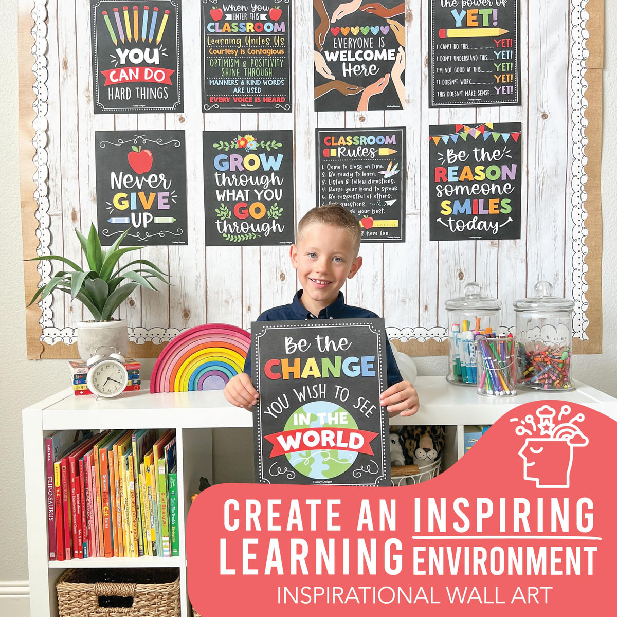 Hadley Designs Motivational Poster for Classroom Decor - 9 Growth Mindset Classroom Posters Elementary, Inspirational Wall Decor Middle School, Teacher Must Have, Chalkboard Bulletin Board Decorations
