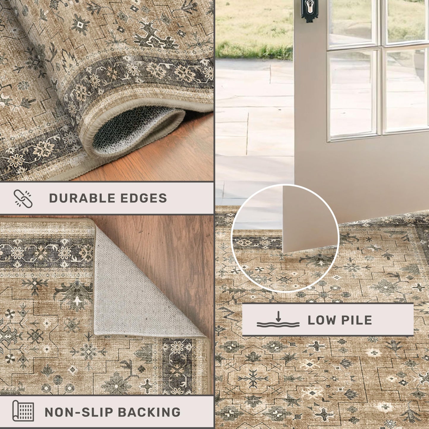 Warm Taupe Sage 9x12 Living Room Rug - Vintage Extra Large Area Rugs for Dining Room Under Table, Washable Low Pile Carpet for Bedroom Under the Bed, Non-Slip Stain & Fade Resistant