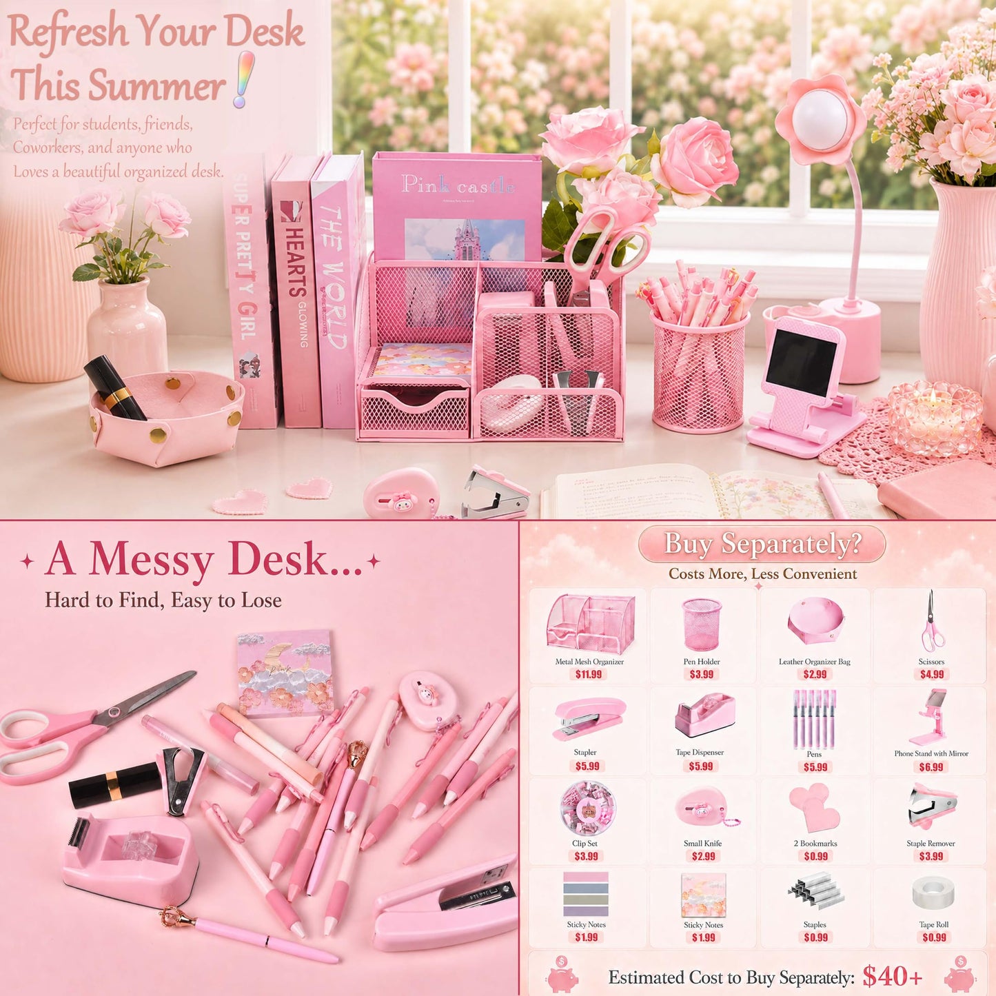 Pink Desk Accessories, 24Pcs Pink Office Supplies and Desk Organizers, with Tape Dispenser, Stapler, Staple Remover, Ect, Gift Box Packaging