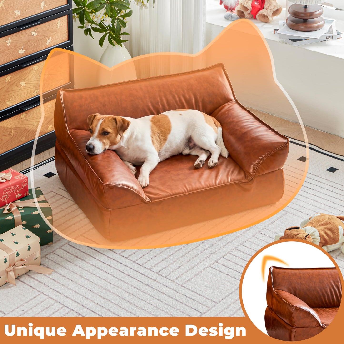 ATJafurn Dog Couch Bed Leather Cat Sofa for Small and Medium Pets Under 50 lbs, Brown Mid Century Modern Elevated Dog Sofa Chair Luxurious Indoor Furniture Style Pet Supplies for Puppy