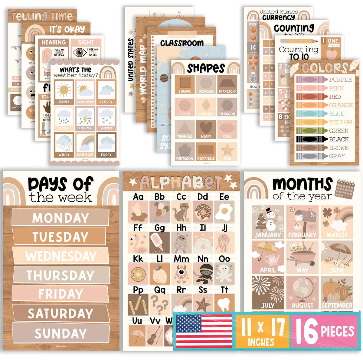 Hadley Designs 16 Educational Posters for Classroom Decor - Boho Educational Posters for Toddlers 1-3, Toddler Learning Posters for Kids Ages 3-5, Kindergarten & Preschool Classroom Must Haves