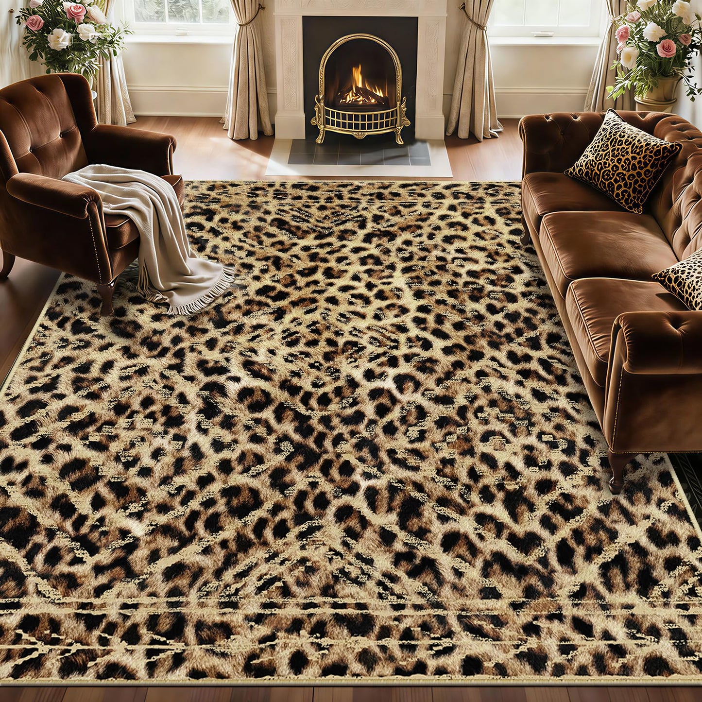 BESTSWEETIE Area Rug 8x10 Rug Machine Washable Non-Slip Low Pile Print Pattern Western Rug for Living Room Bedroom Entryway Tribal Series-Dark/Leopard