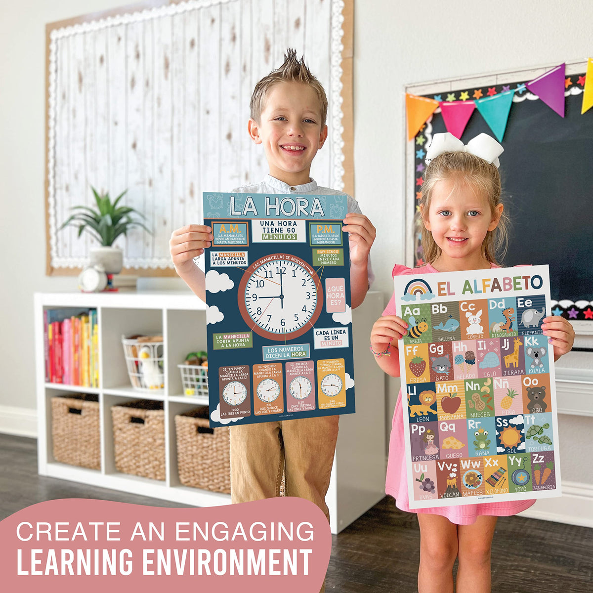 Hadley Designs Spanish Posters for Classroom - 12 Bilingual Educational Posters for Spanish Classroom Decorations Must Haves, Calendario y Alfabeto en Español Para la Pared, Boho Teacher Supplies