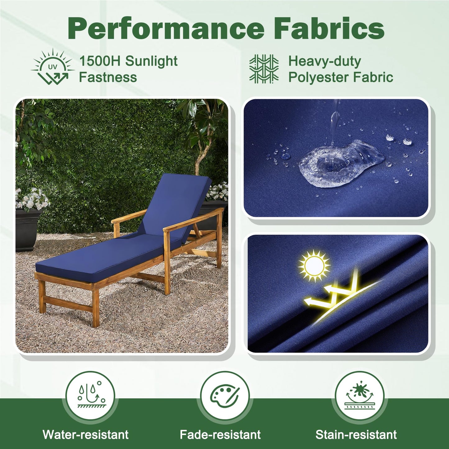 Aegisun Chaise Lounge Cushions Outdoor, 72x 21x 3 Inch Waterproof & Fade-Resistant Lounge Chair Cushion, Outdoor Chaise Cushion with Removable Cover & Ties for Lawn, Patio, Pool & Beach, Navy Blue