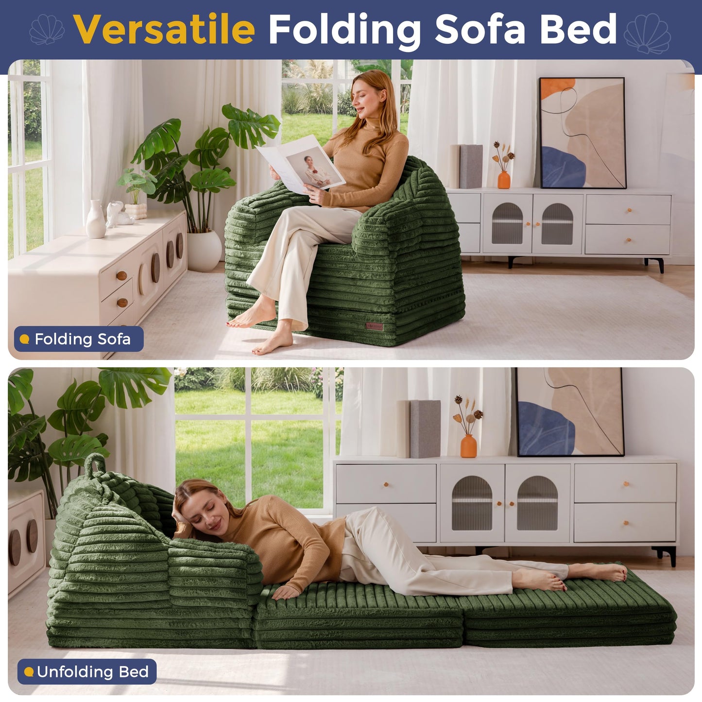 MAXYOYO Folding Sofa Bed, 2 in 1 Convertible Sofa to Lounger Comfy Faux Fur Bean Bag Chair for Adults, Floor Single Couch Chair with Handle, Couch Bed for Living Room Bedroom, Dark Green