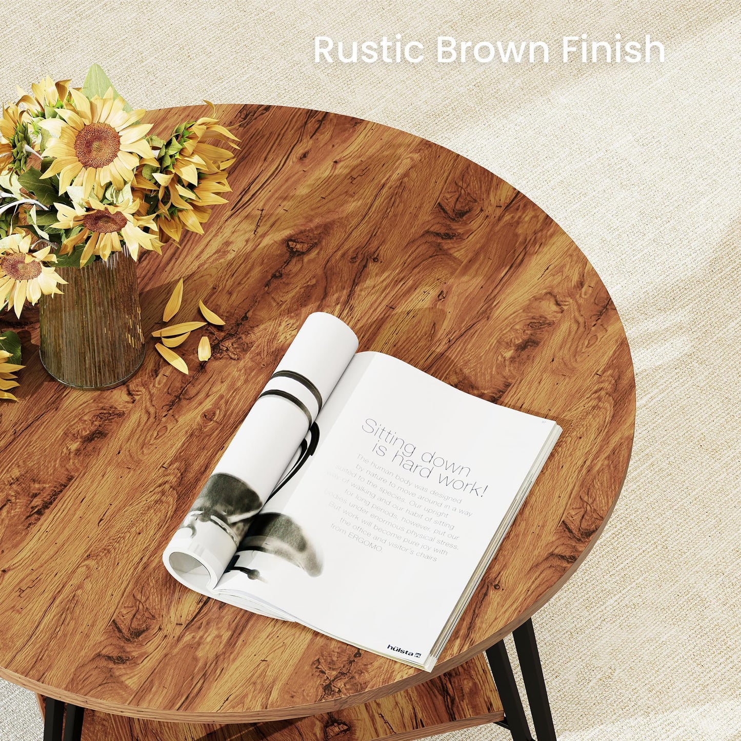 Manora Round Coffee Table, Modern Wood Round Center Table with Storage Shelf, Small Circle Coffee Table for Living Room, Home Office, Small Space, Apartment, Rustic Brown