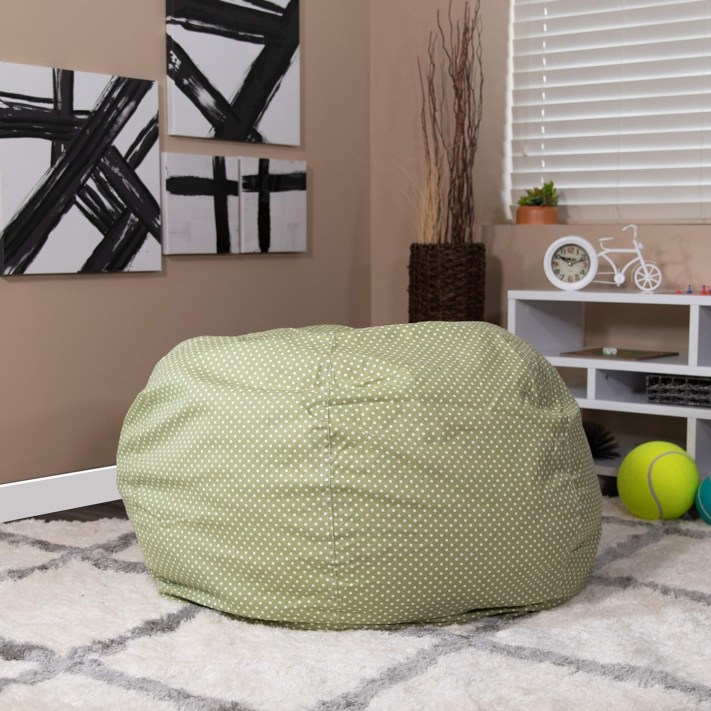 Flash Furniture Duncan Oversized Bean Bag Chair for Kids and Adults, Foam-Filled Beanbag Chair with Machine Washable Cover, Green Polka Dot