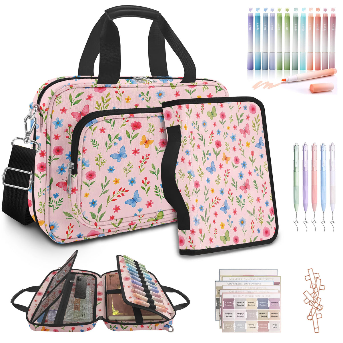 Cute Flower Large Bible Cover Case for Women Girls Organizer, Church Bag Book Carrying Case with Highlighters Shoulder Strap Pens Cross Clip Study Supplies Journaling Kit, Christian Gifts Pink