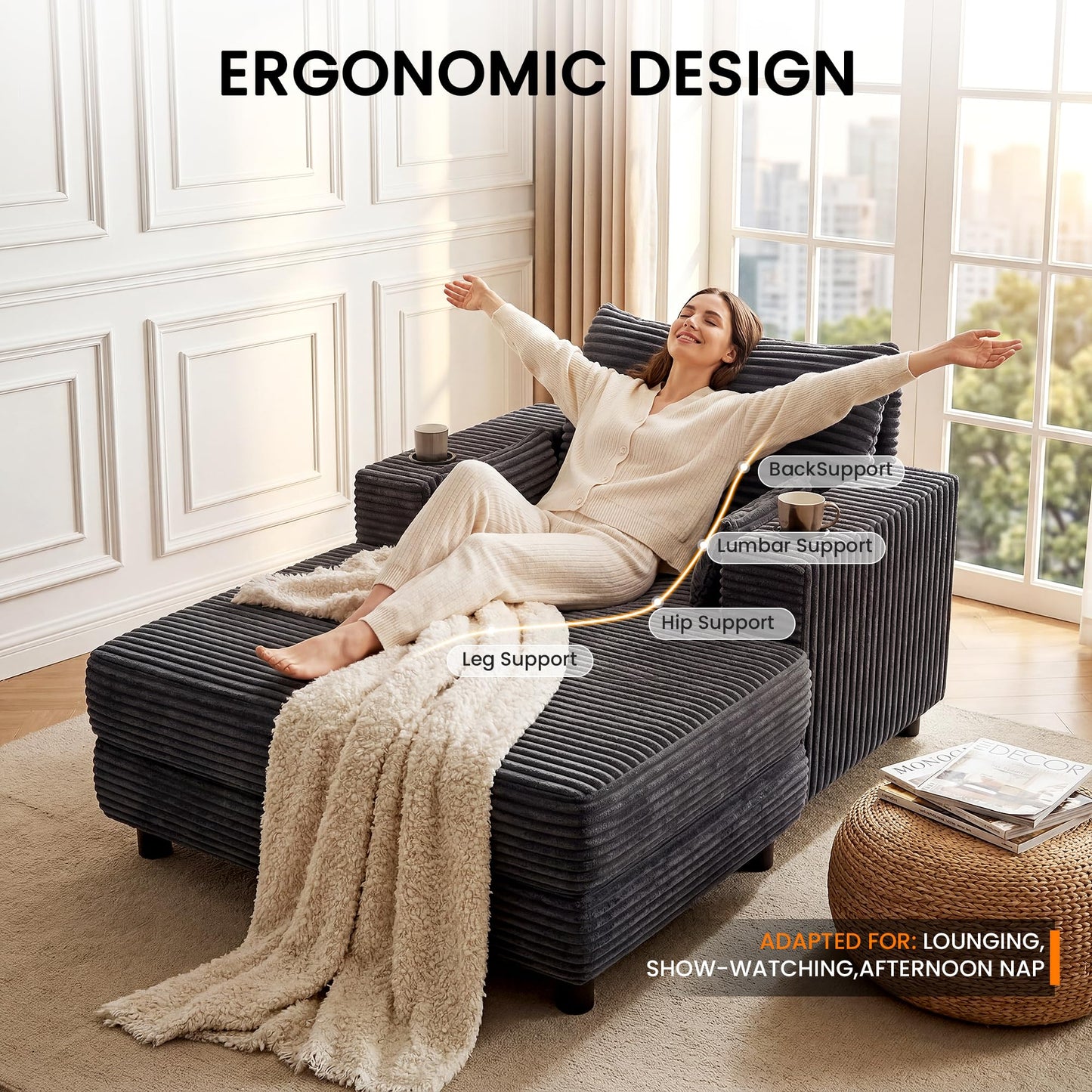 GRUSIGN 64" Chaise Lounge Chair Indoor, Oversized Sleeper Chair with Wood Frame, Corduroy Bedroom Couch, Reading Chair for Living Room, Deep Seat Sofa Bed with 2 Cup Holders