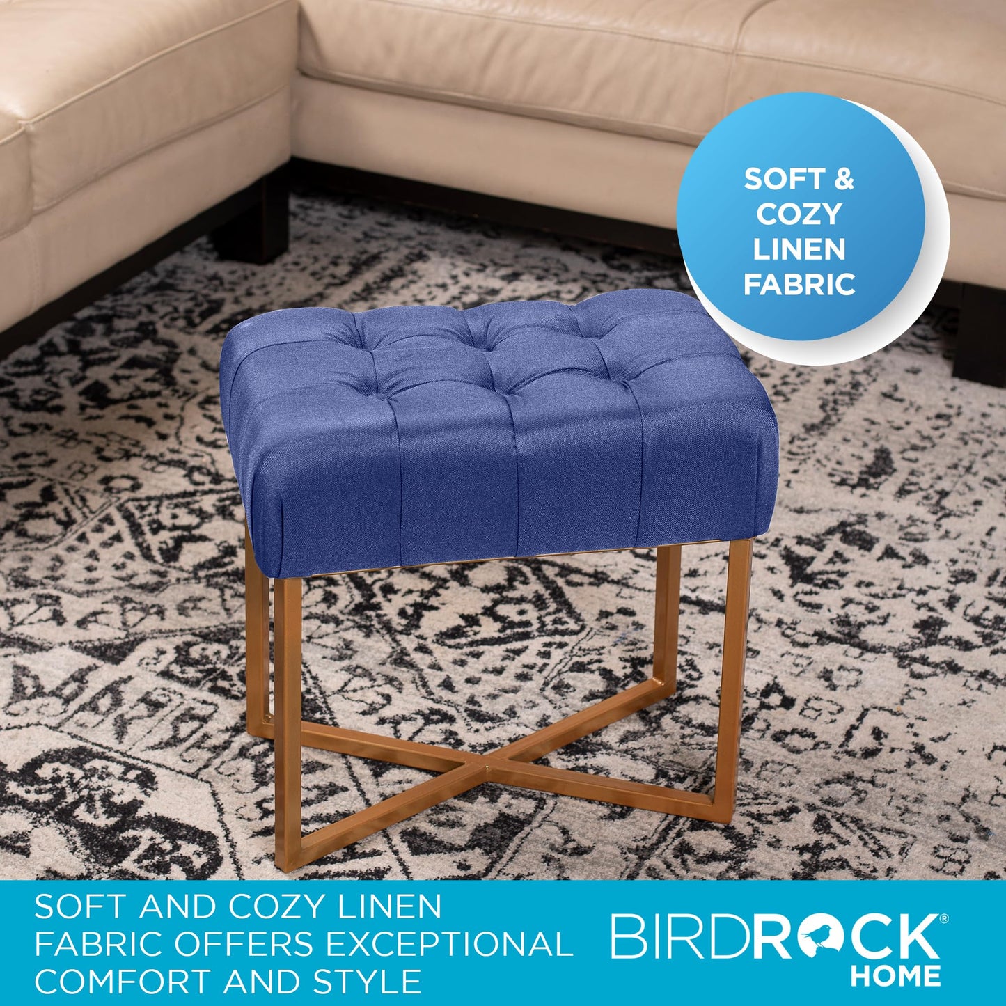 BIRDROCK HOME Rectangle Tufted Linen Ottoman Foot Rest - 19.7x11.82x17.73” Small Foot Stool with Legs - Padded Footrest Modern Ottomans for Living Room Furniture, Bedroom Footstool (Blue)