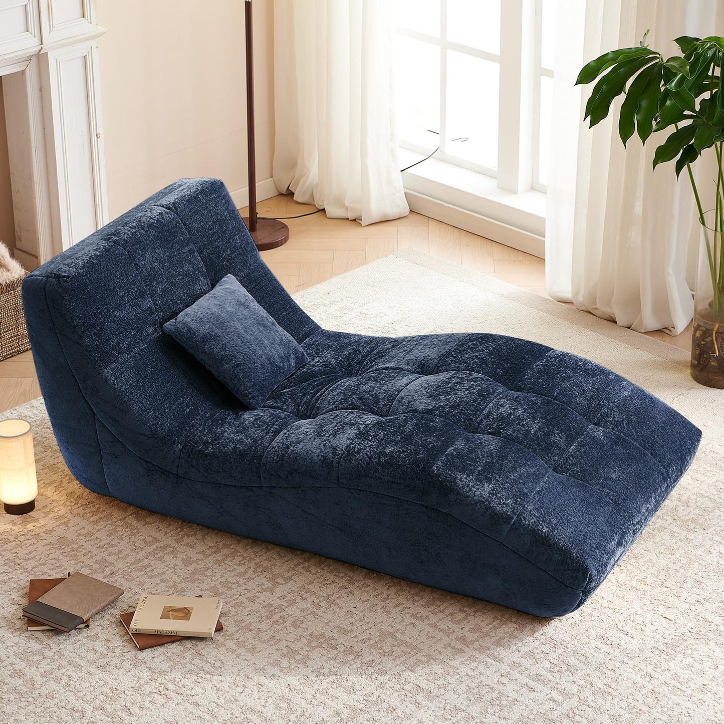 Huadeo Chaise Lounge Chair with Curved Back, Modern Upholstered Recliner Sofa, Tufted Accent Lounger Comfortable Lazy Chair for Bedroom, Apartment (Blue)