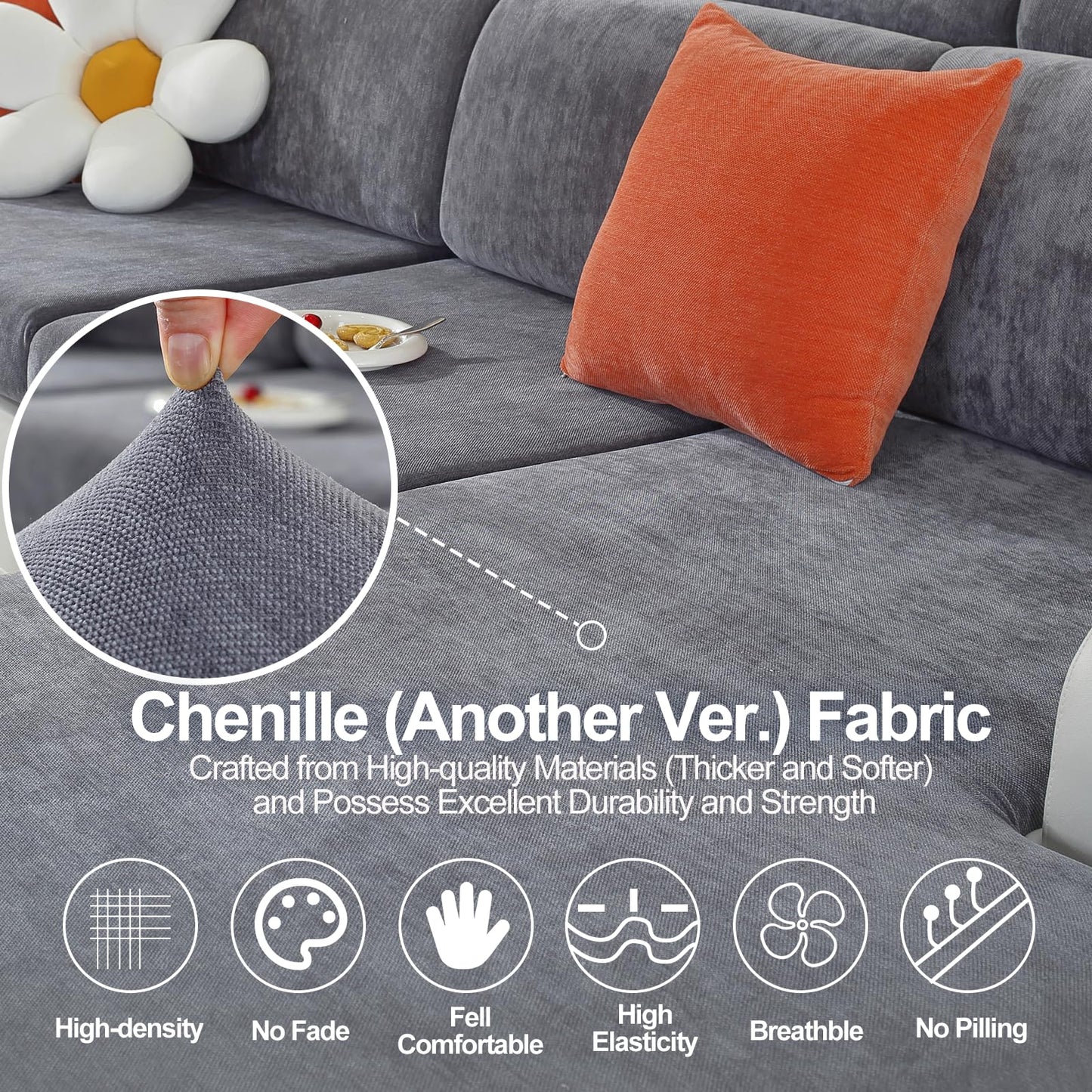 WEYOND Couch Cushion Covers for L Shaped Sectional Sofa – Softer Chenille Large Sofa Covers Washable, Non-Slip Individual Stretch Couch Cover (1-Pack Chaise Cover, Dark Grey)
