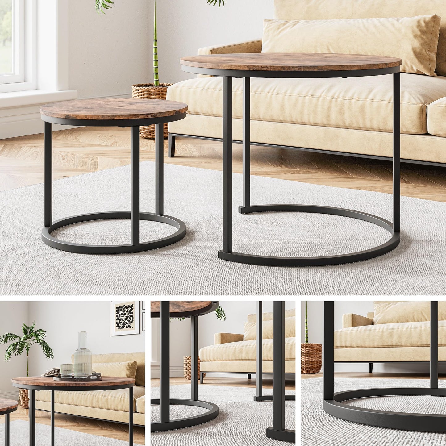 HOJINLINERO Small Round Nesting Coffee Table Set of 2 with Metal Frame and Wood Top, Modern Stacking Side Table for Living Room, Bedroom, Office, Brown