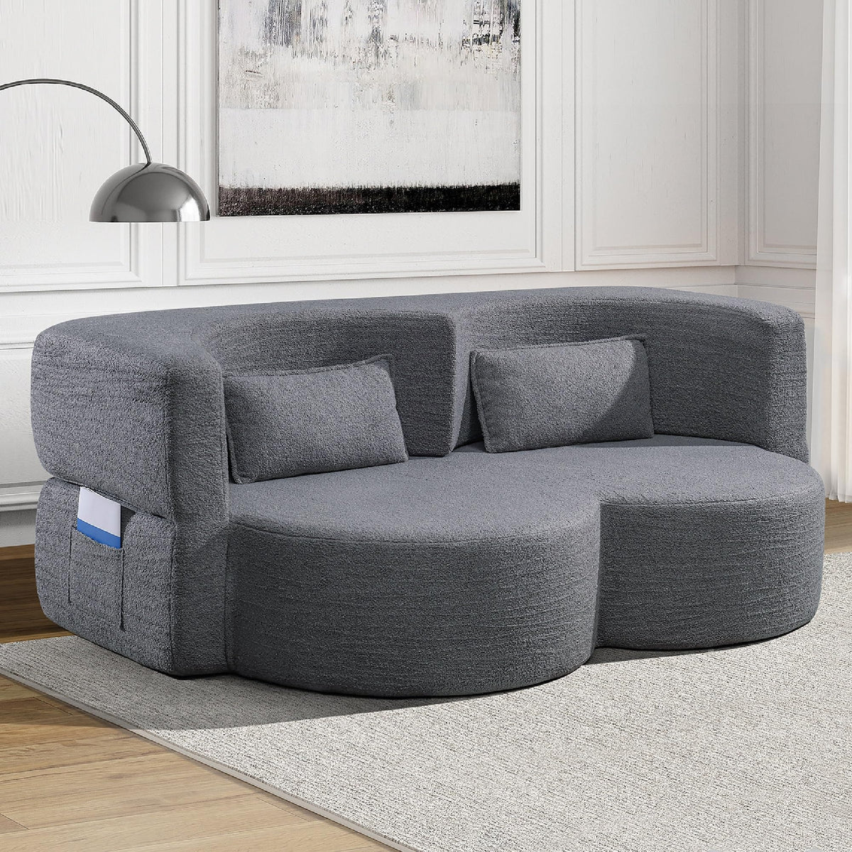 KEIKI 79" Convertible Floor Sofa Bed, Fold ‌Teddy Sleeper Cloud Couch with Storage & Deep Seat, Comfy Upholstery Curved Boneless Futon Couches, 2-in-1 Sofas for Living Room Bedroom, No Assembly, Grey