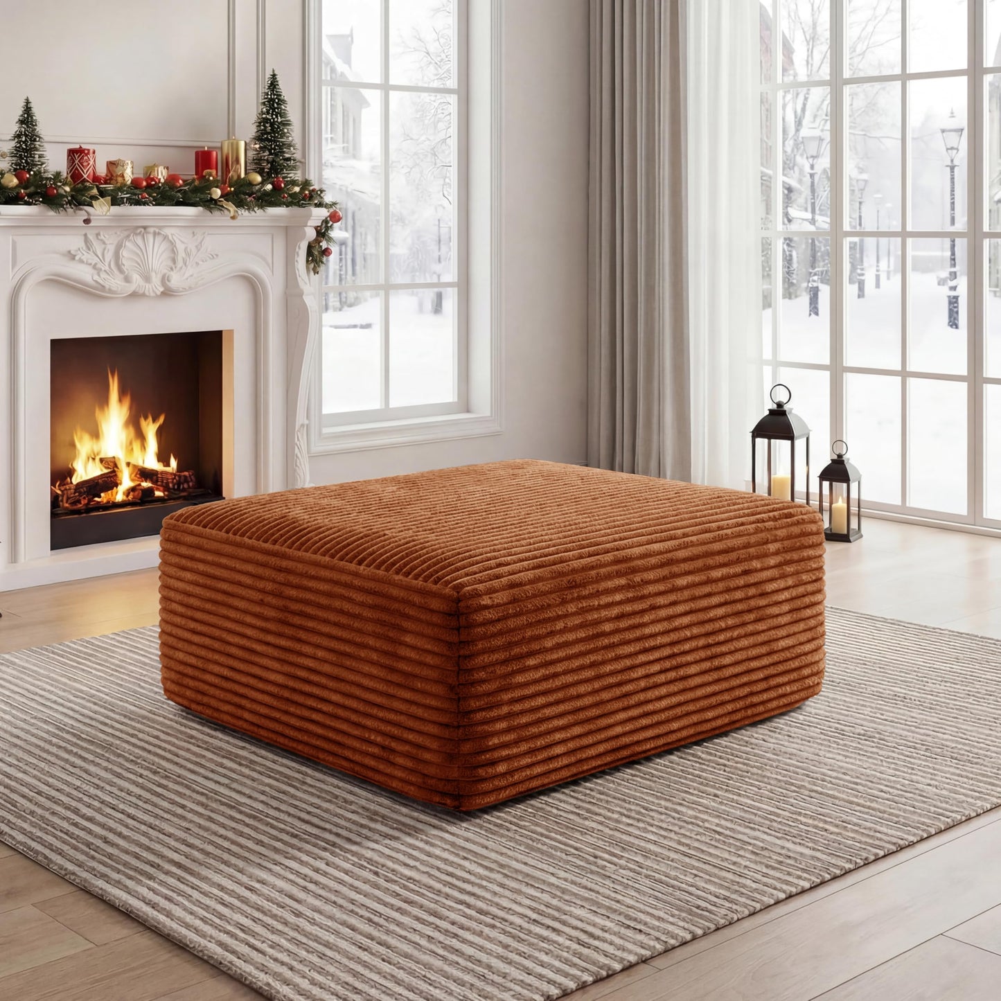 Corduroy Ottoman, Modern Boneless Cloud Foot Rest Foam Support, Oversized Modular Sectional Sofa Rectangel Stool for Living Room, Bedroom & Small Spaces, No Assembly Required (Orange, Ottoman)