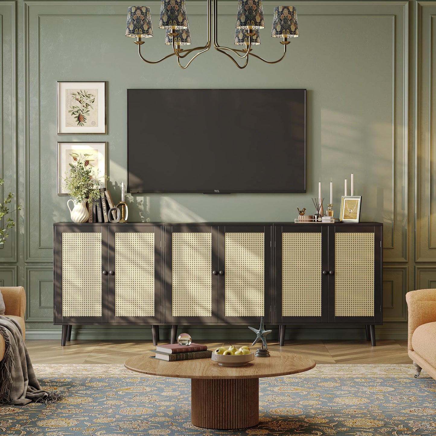 Huuger Buffet Cabinet with Storage, Storage Cabinet with Synthetic Rattan Decor Doors, Solid Wood Feet, for Hallway, Entry, Living Room, Black