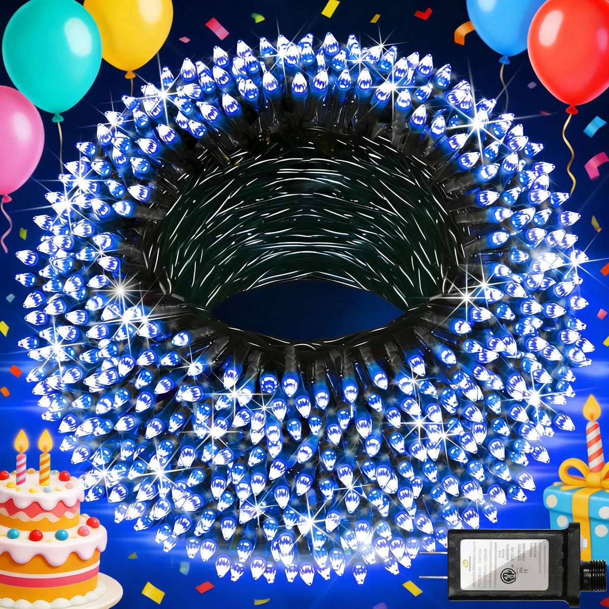 300 LED Blue Birthday Party Decorations String Lights with 12 Modes Timer Dimmable, Waterproof Green Wire Christmas Tree Lights, 75FT Fairy Lights for Bedroom, Outside, Ocean Party, Xmas Decor