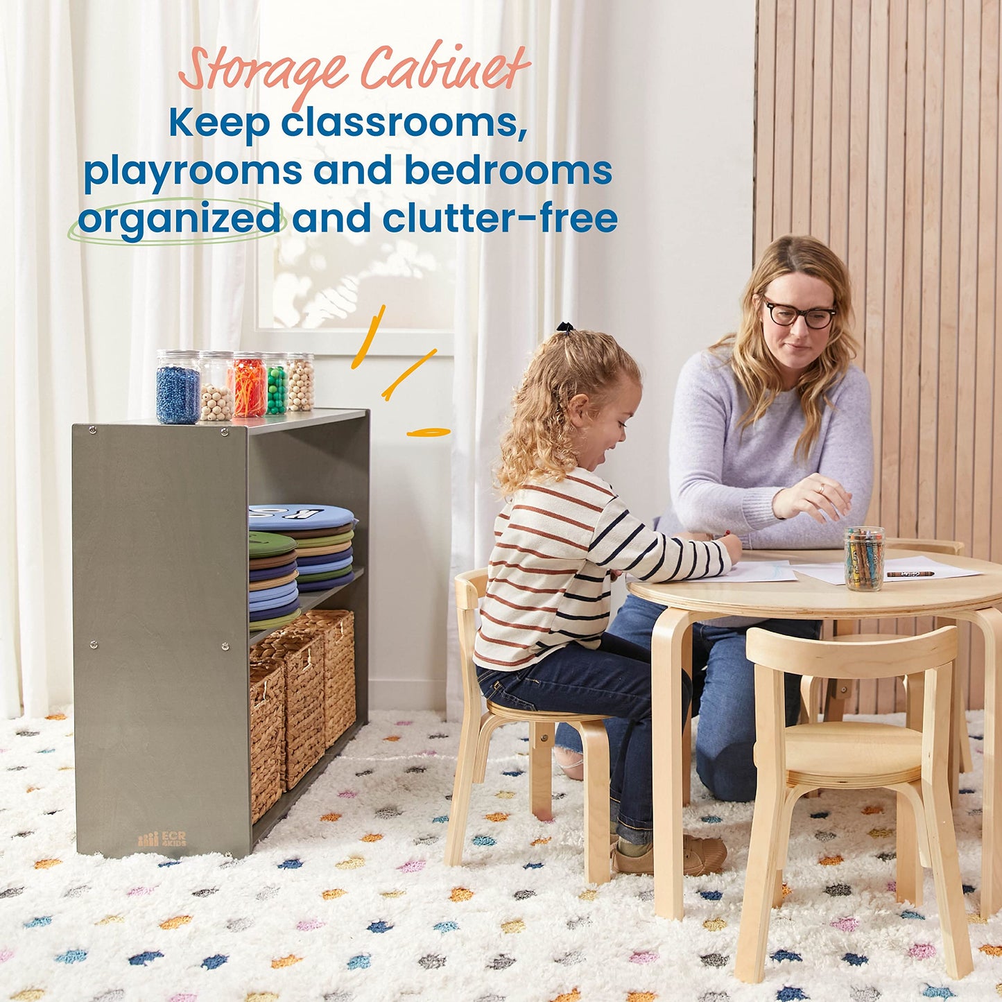 ECR4Kids Streamline 2-Shelf Double-Sided Storage Cabinet, 30in, Classroom Furniture, Grey Wash