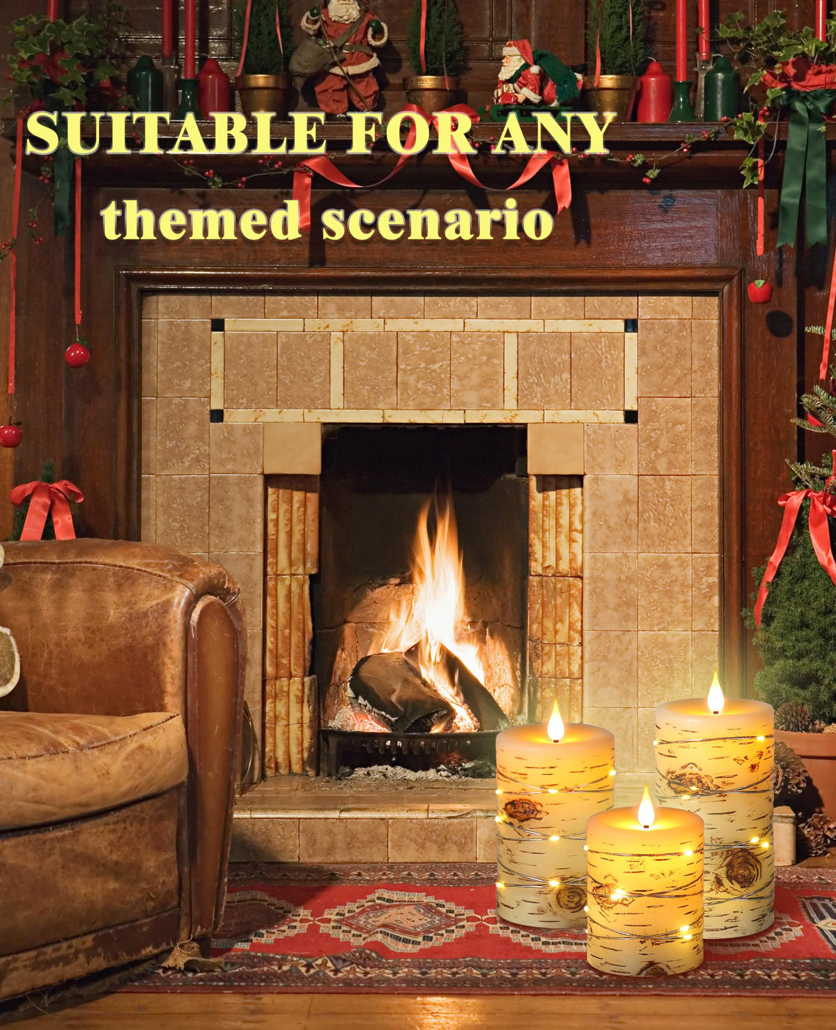 Da by 3 Pack Birch Bark Real Wax Flameless Candles, Flickering LED Taper Candles with Copper String Lights, Battery Operated Candles with Remote for Farmhouse Wedding Home Decor