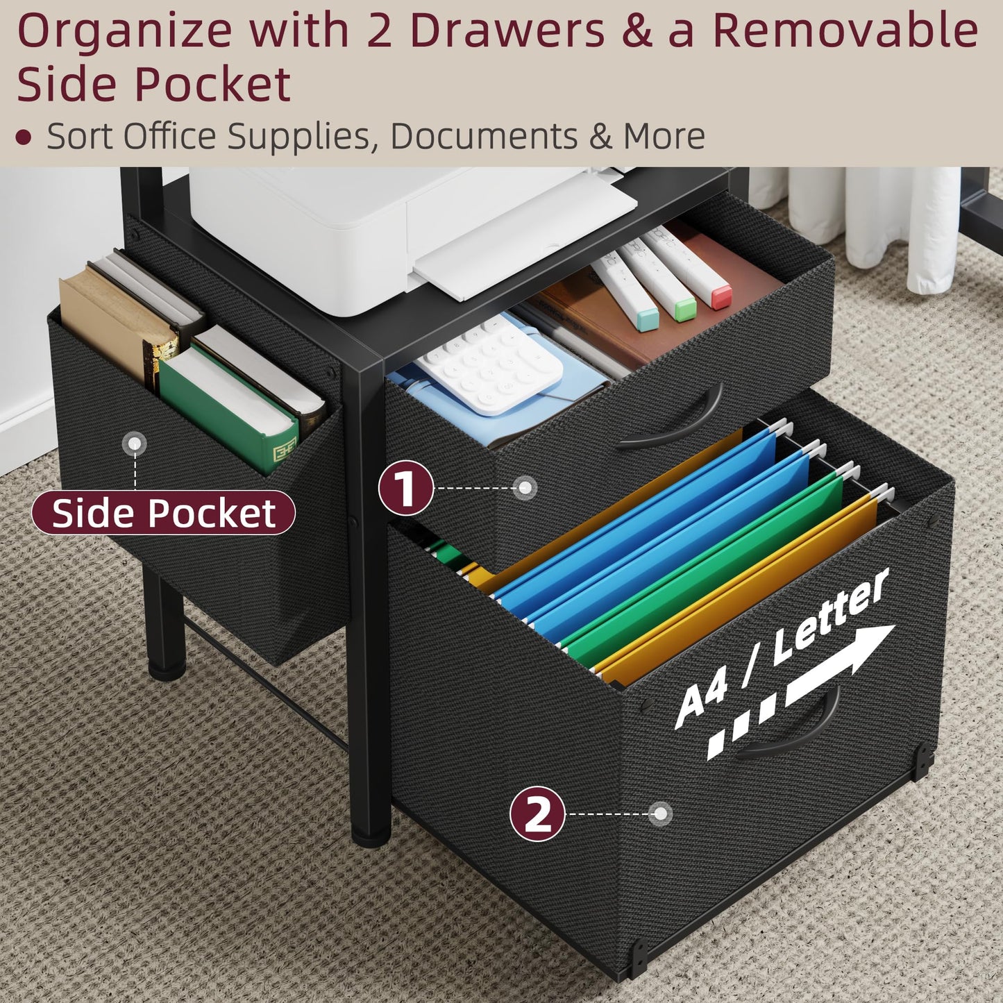 HIGDBFE File Cabinet with 2-Tier Shelf, Letter Size Drawer Filing Cabinet with Reversible Side Bag, Vertical Office Cabinet Printer Stand with Storage for Home Office, Black, 16.5" W