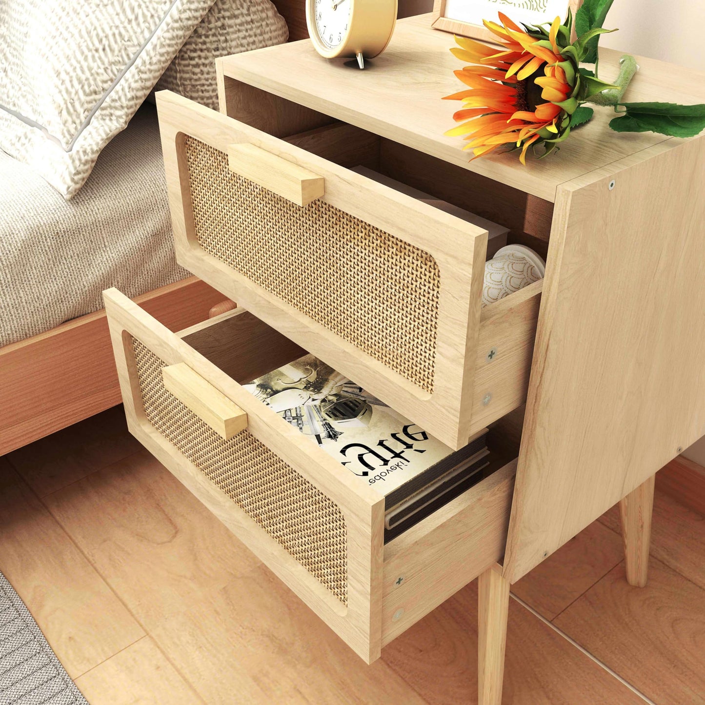 YAUKOMEL Rattan Nightstand, Wood End Table, Side Table with 2 Hand Made Rattan Decorated Drawers,Boho Bedside Table,Wood Accent Table with Storage for Livingroom, Bedroom, Natural CTG59Y