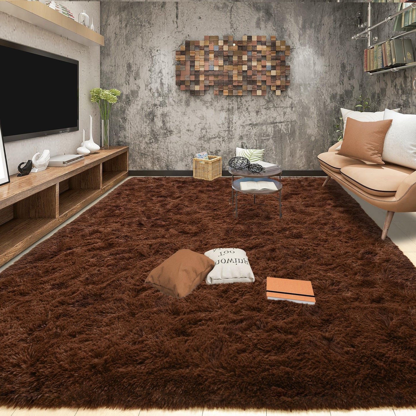 Tepook Super Soft Fluffy Rug for Bedroom, Modern Shaggy Fuzzy Kids Rugs for Living Room, Plush Indoor Nursery Home Decor Dorm Carpet with Non-Slip Bottom, Brown, 4 X 6 Feet