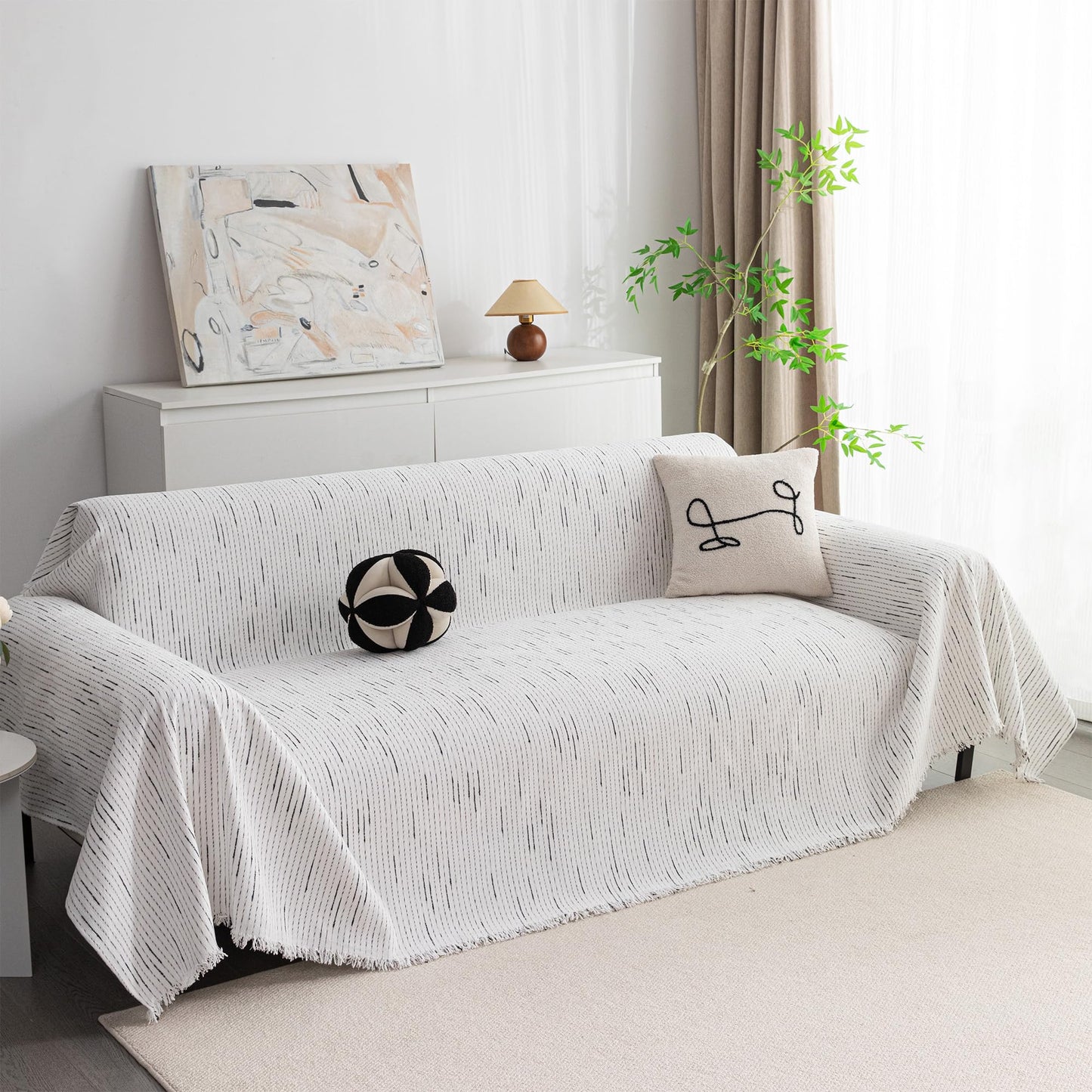 MYSKY HOME Loveseat Cover White Couch Cover Sectional Couch Covers for 2 Cushion Couch Sofa Thick Universal Chenille Sofa Cover with Tassel Durable Furniture Protector for Dogs 91" x 118"